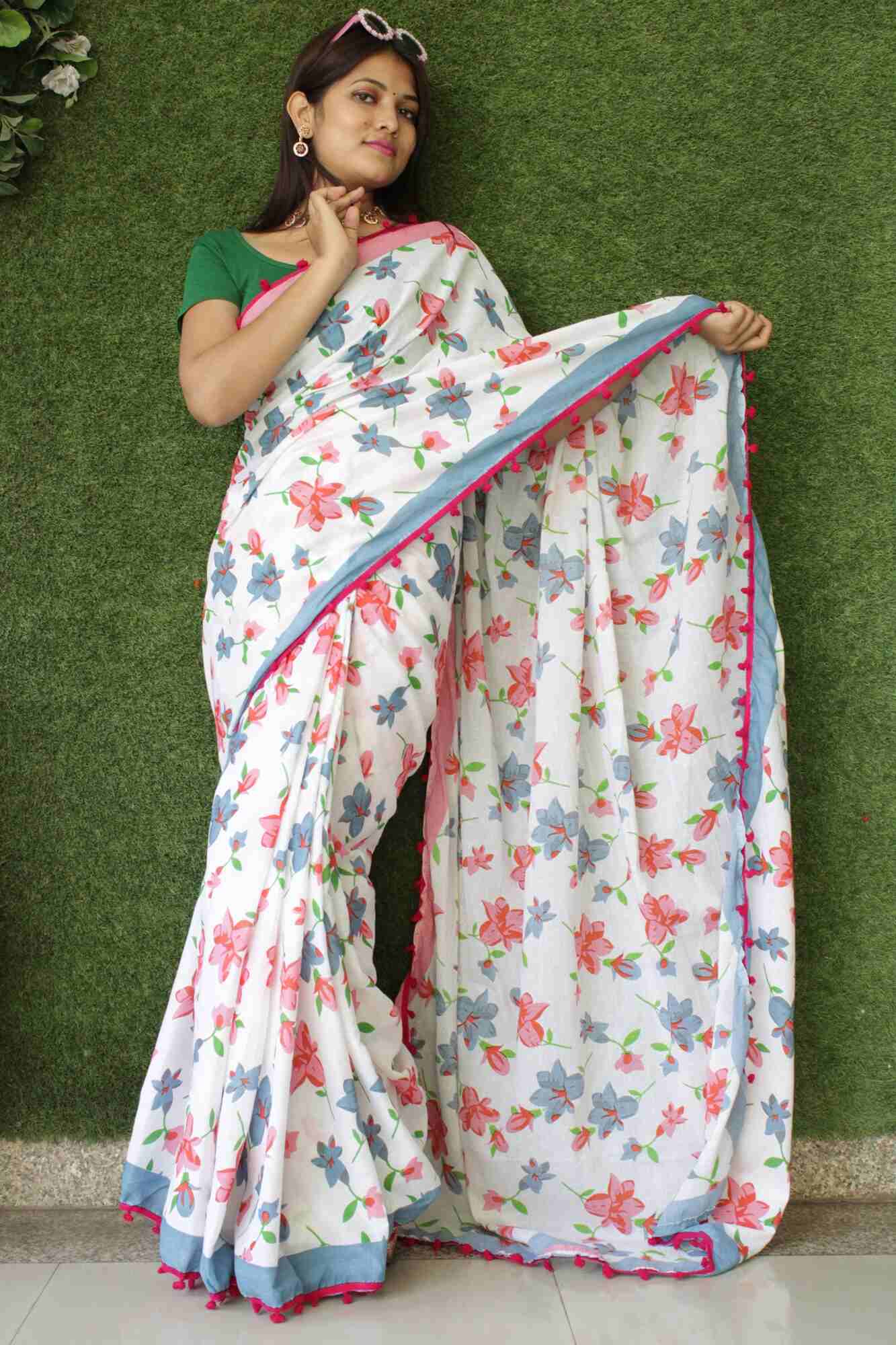 BLUE & PINK COTTON MUL MUL PRINTED WRAP IN 1 MINUTE SAREE WITH POMPOM - Isadora Life Online Shopping Store