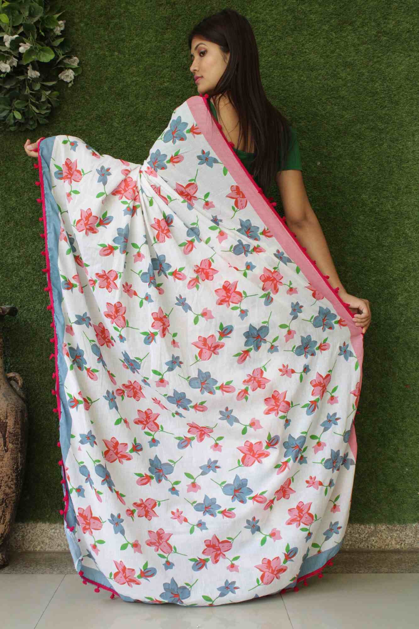 BLUE & PINK COTTON MUL MUL PRINTED WRAP IN 1 MINUTE SAREE WITH POMPOM - Isadora Life Online Shopping Store