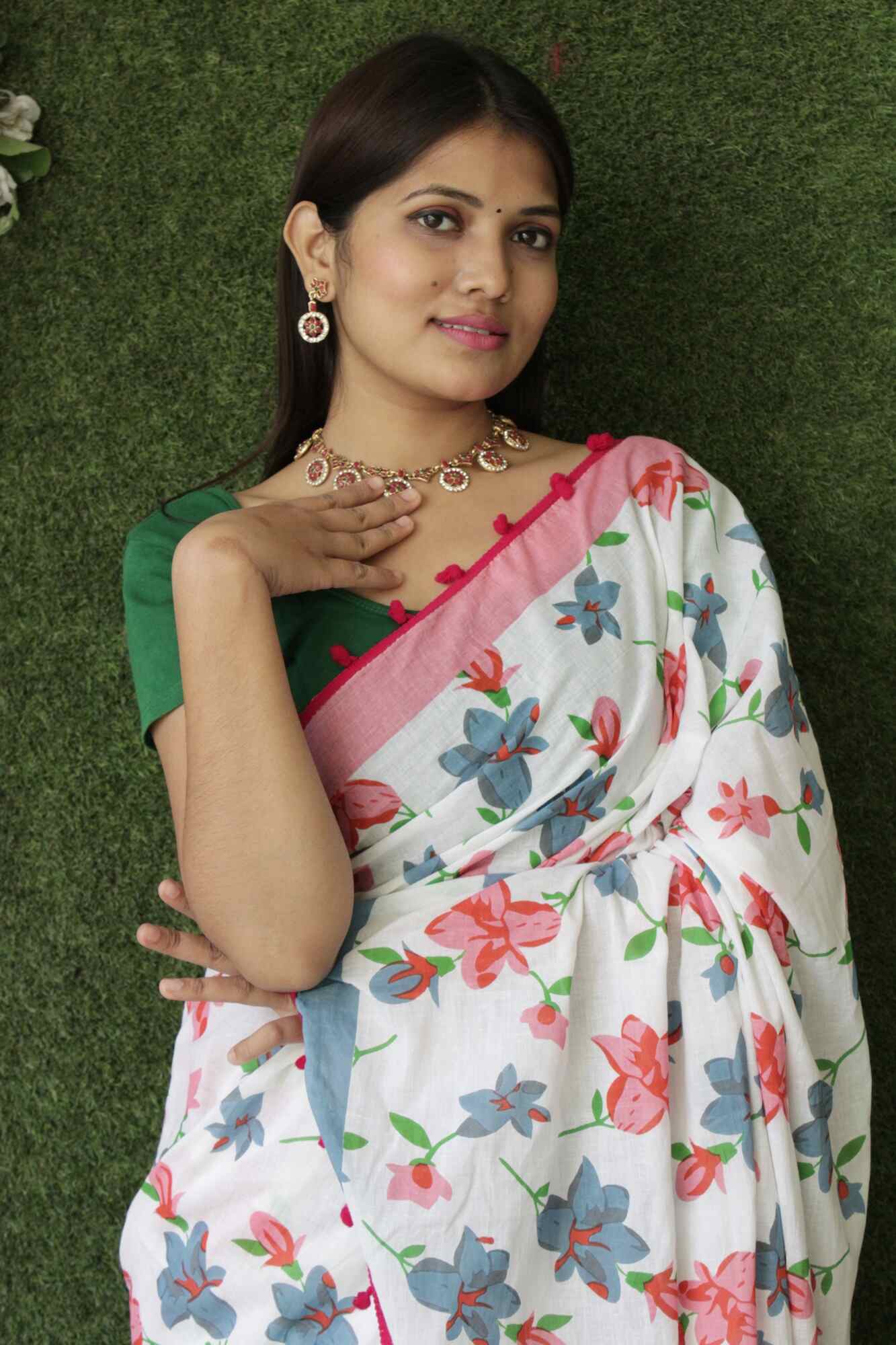 BLUE & PINK COTTON MUL MUL PRINTED WRAP IN 1 MINUTE SAREE WITH POMPOM - Isadora Life Online Shopping Store