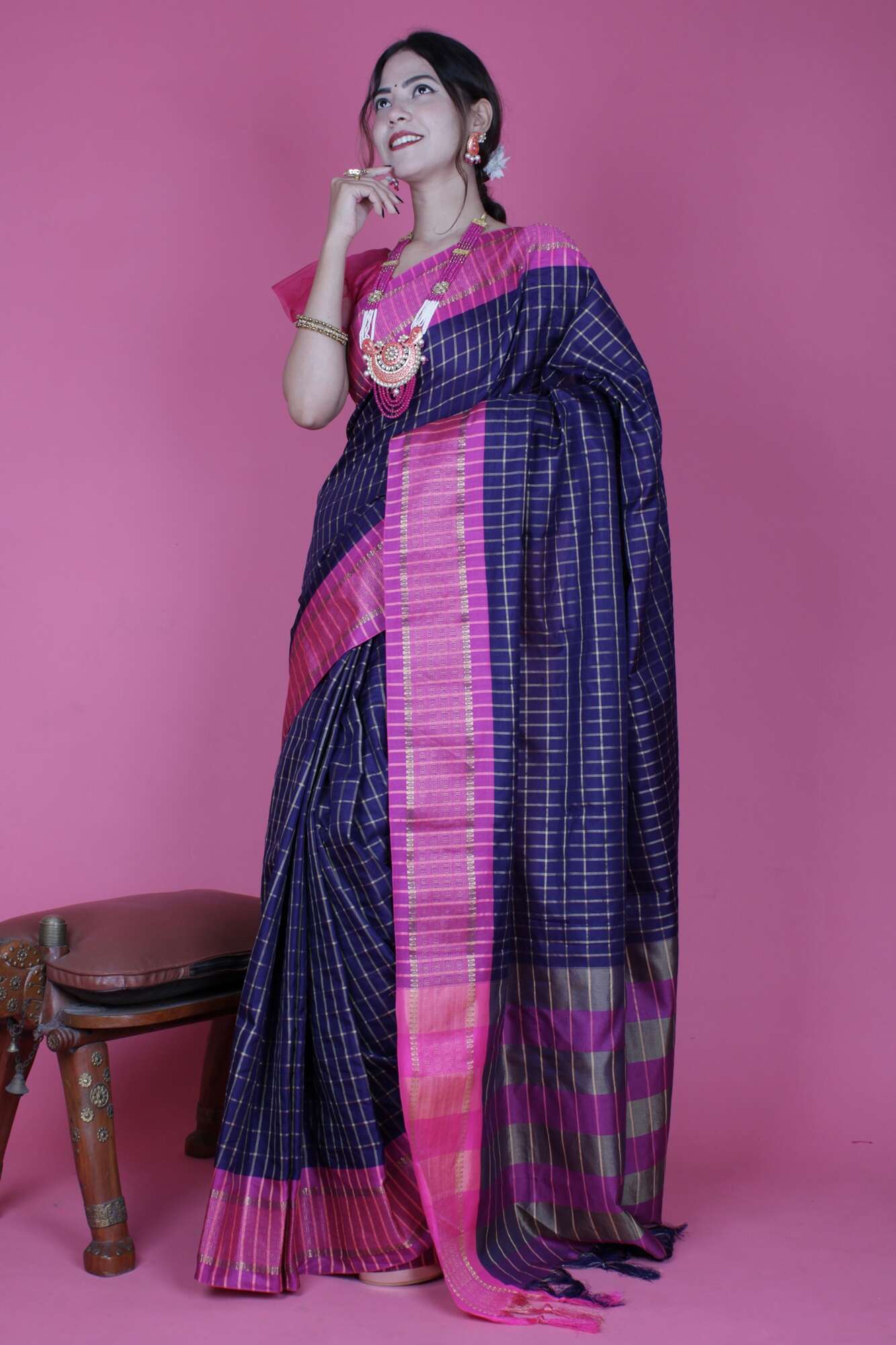 Beautiful Navy Blue & Pink Checked Zari Pure Chettinad Cotton Silk Wrap in 1 minute saree - Isadora Life Online Shopping Store