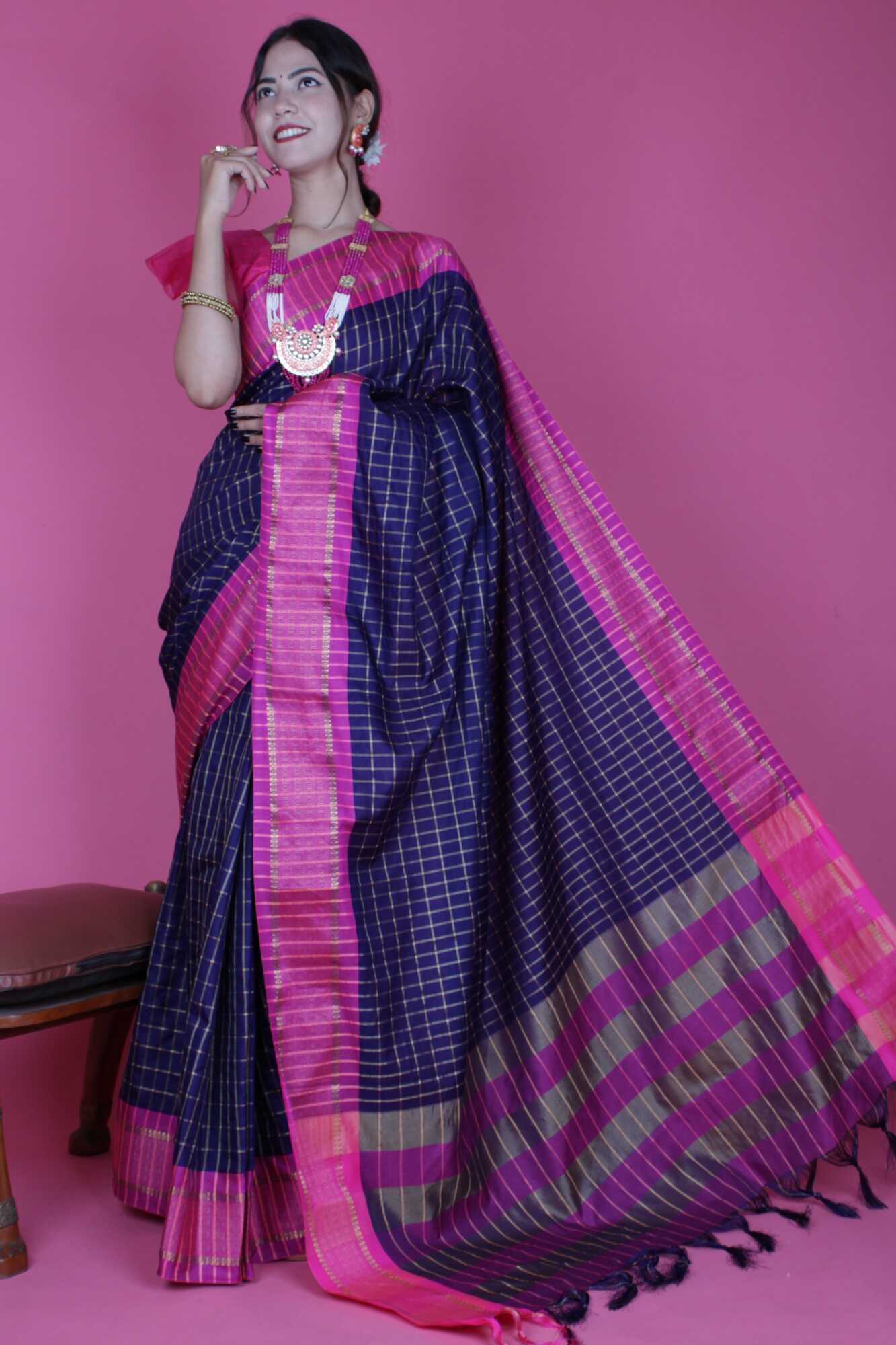 Beautiful Navy Blue & Pink Checked Zari Pure Chettinad Cotton Silk Wrap in 1 minute saree - Isadora Life Online Shopping Store