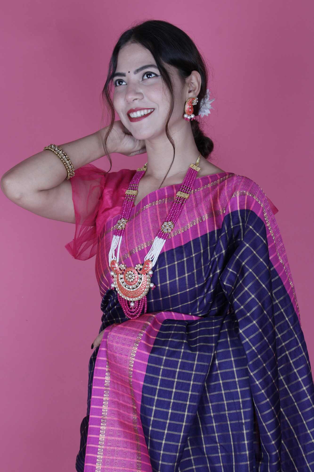 Beautiful Navy Blue & Pink Checked Zari Pure Chettinad Cotton Silk Wrap in 1 minute saree - Isadora Life Online Shopping Store