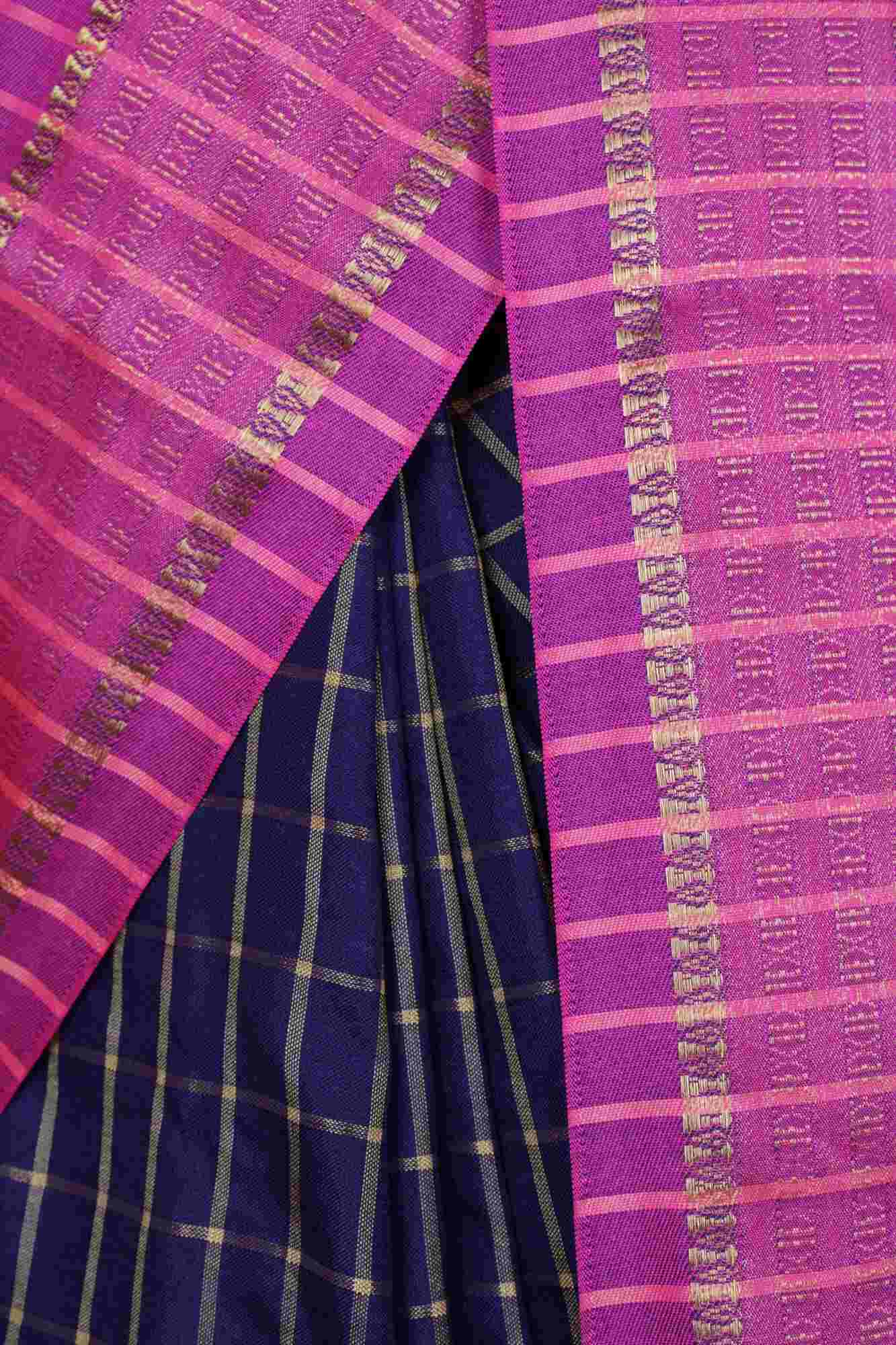 Beautiful Navy Blue & Pink Checked Zari Pure Chettinad Cotton Silk Wrap in 1 minute saree - Isadora Life Online Shopping Store
