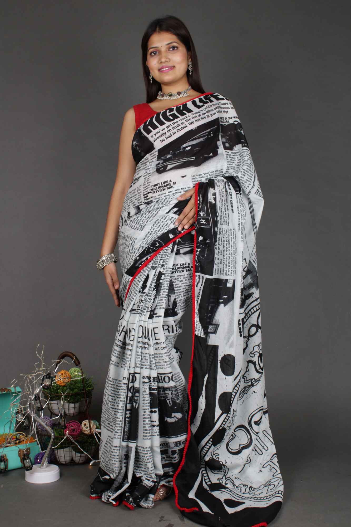 Newspaper Printed mul mul cotton with Red Pompom Border Wrap in 1 minute saree - Isadora Life Online Shopping Store