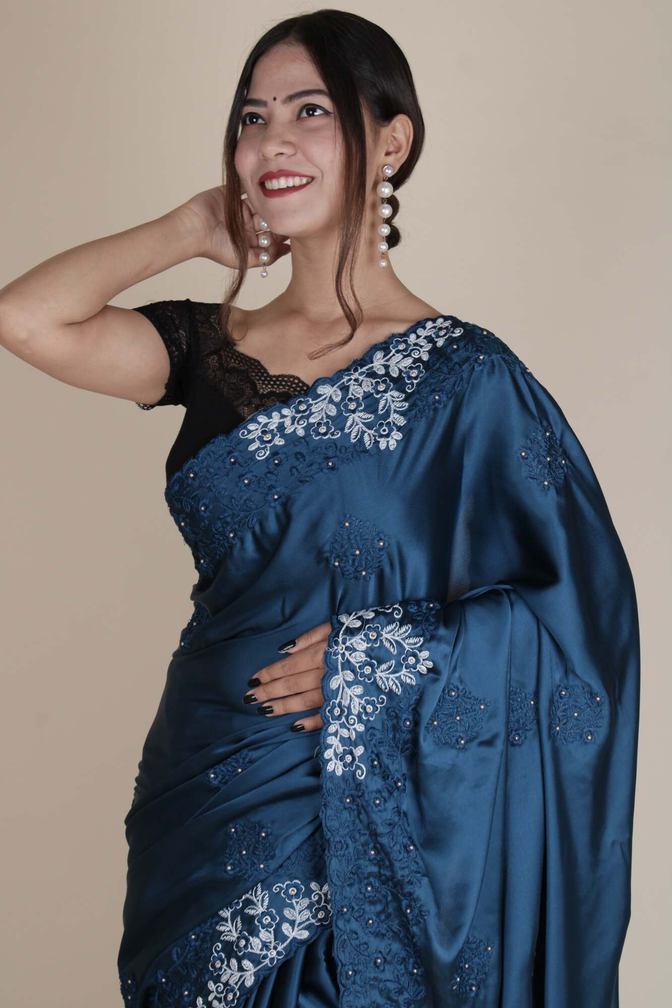 Classy Satin Crepe Parsi Gara-Style Embroidery Wrap in 1 Minute Saree with complementary readymade blouse - Isadora Life Online Shopping Store