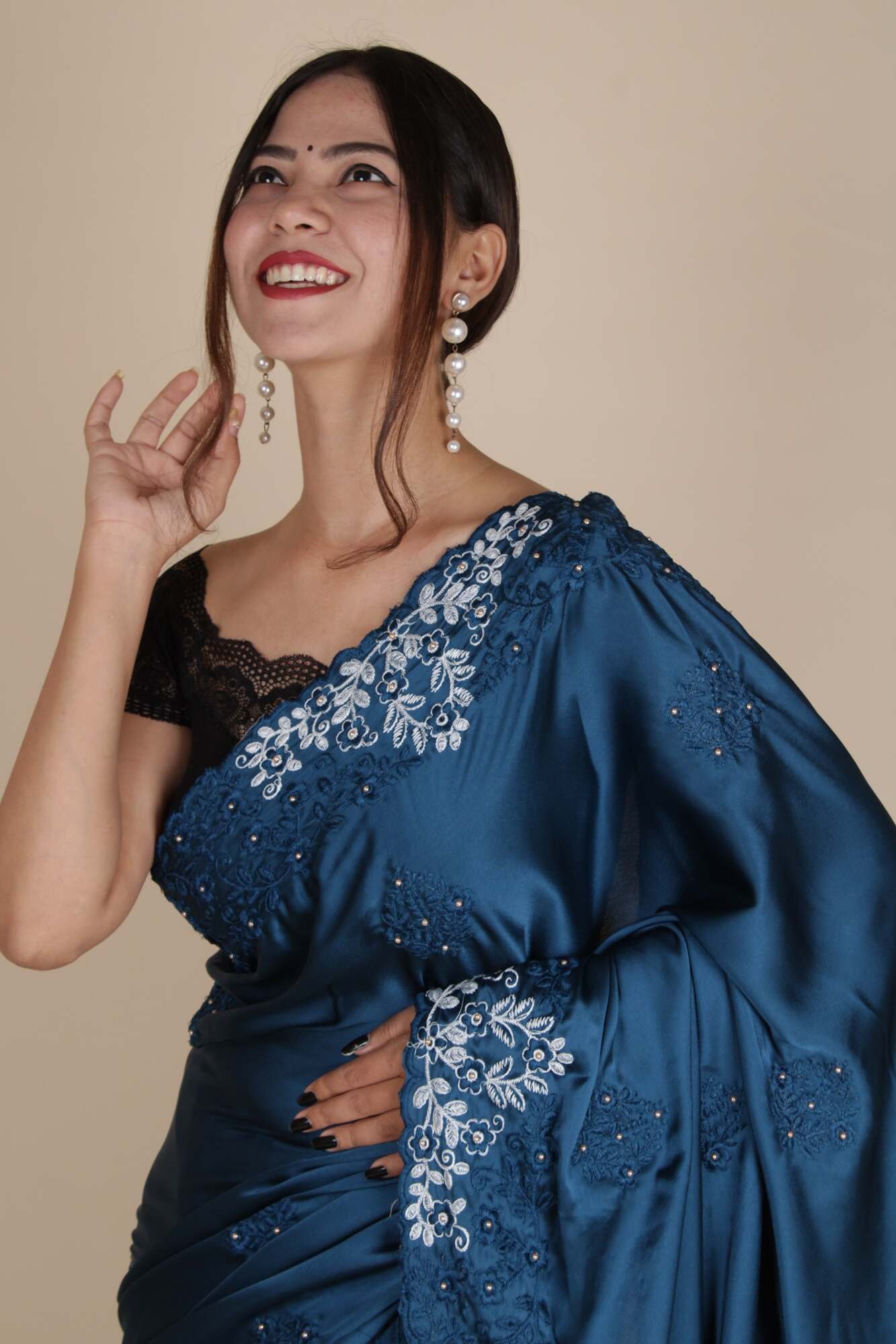 Classy Satin Crepe Parsi Gara-Style Embroidery Wrap in 1 Minute Saree with complementary readymade blouse - Isadora Life Online Shopping Store