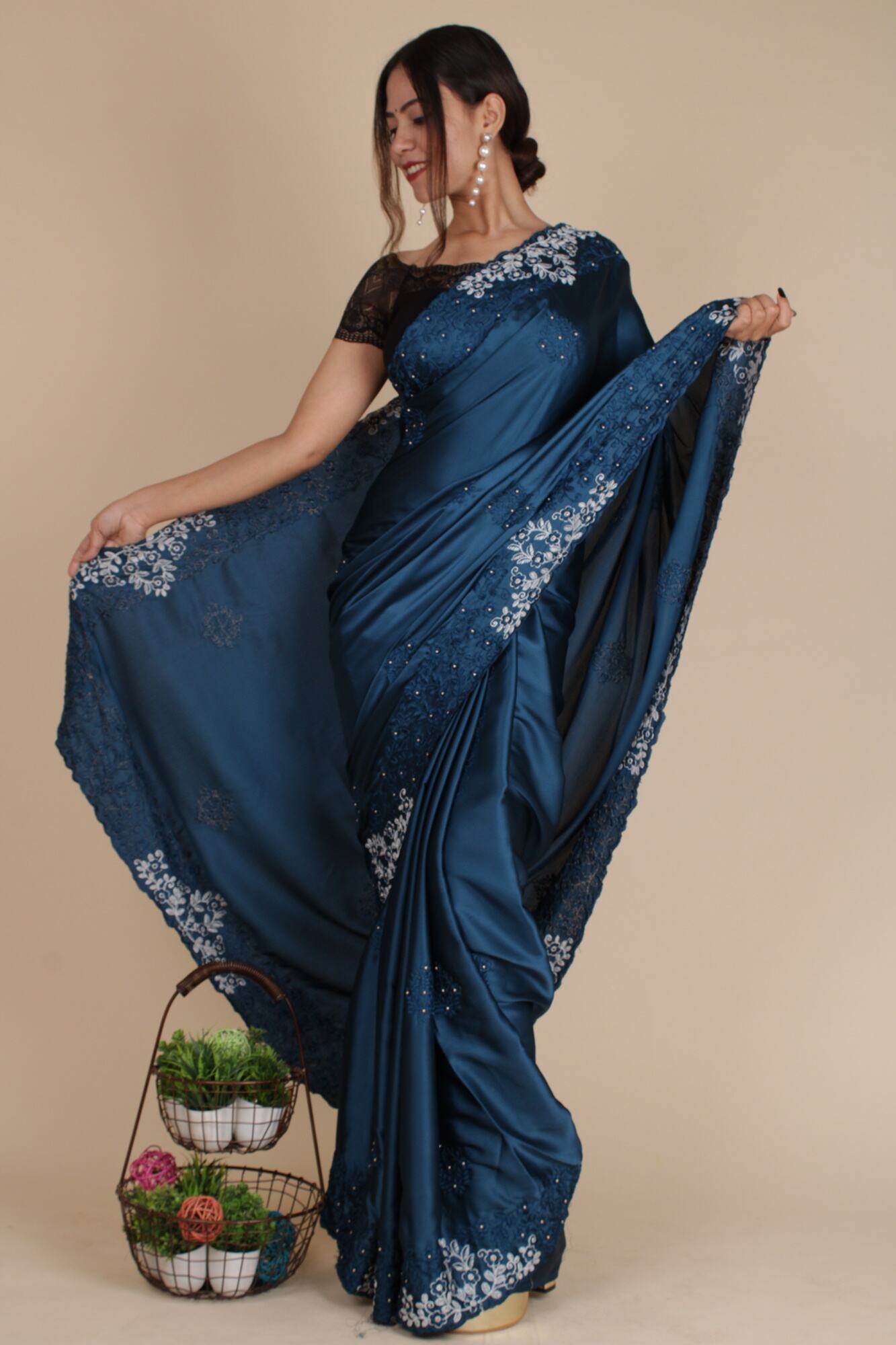 Classy Satin Crepe Parsi Gara-Style Embroidery Wrap in 1 Minute Saree with complementary readymade blouse - Isadora Life Online Shopping Store