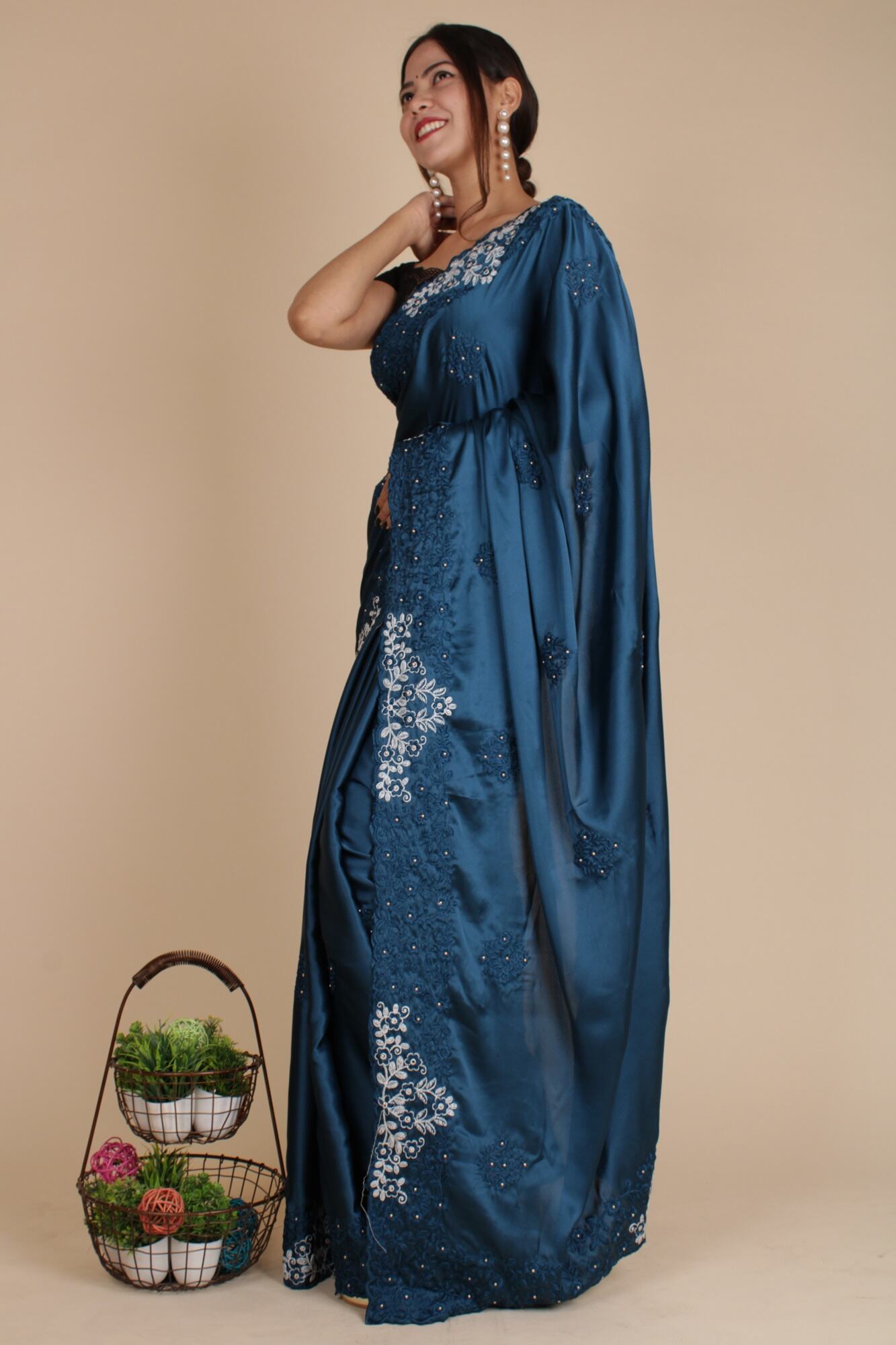 Classy Satin Crepe Parsi Gara-Style Embroidery Wrap in 1 Minute Saree with complementary readymade blouse - Isadora Life Online Shopping Store