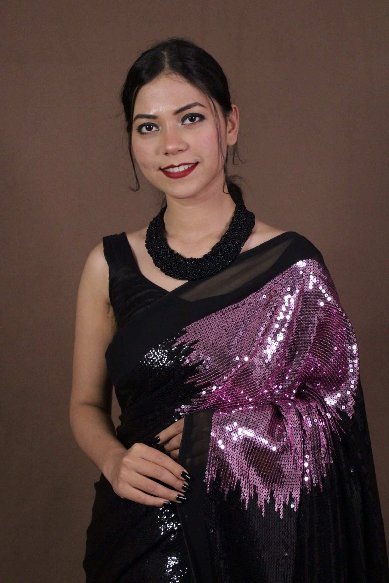 Pink and black sequin embellished wrap in 1 minute saree - Isadora Life Online Shopping Store