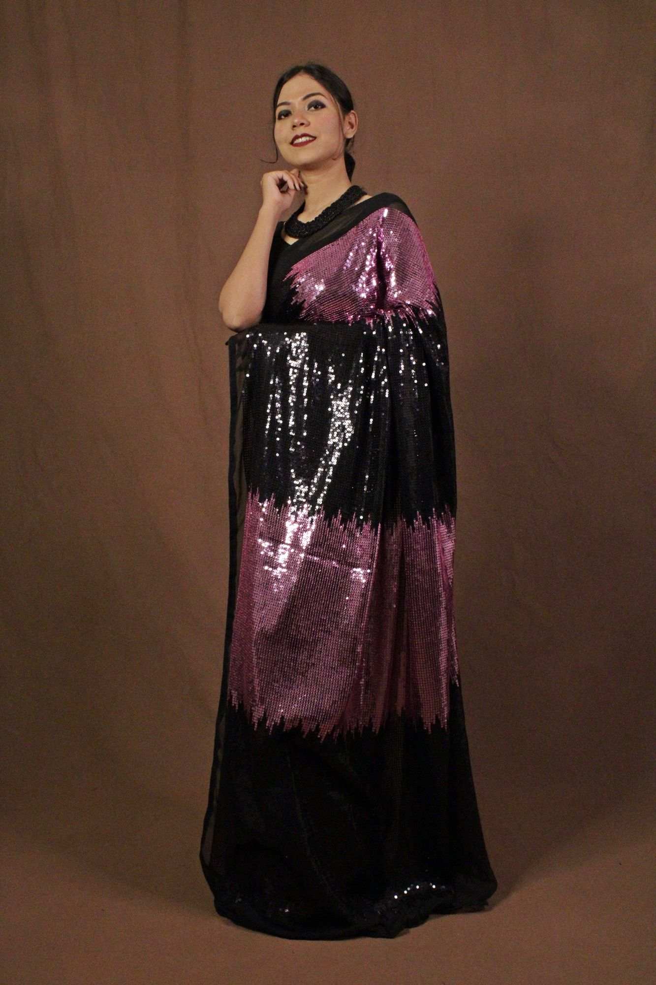 Pink and black sequin embellished wrap in 1 minute saree - Isadora Life Online Shopping Store