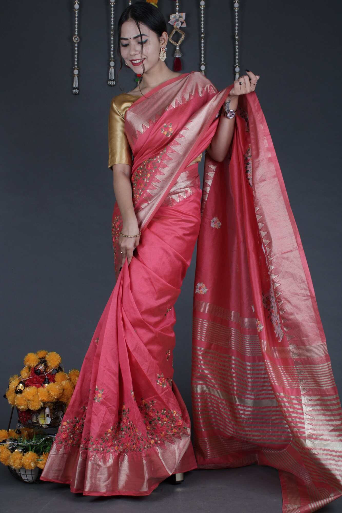 Pink Blush Kerala Kasavu cotton silk with ornate embroidered border wrap in 1 minute saree - Isadora Life Online Shopping Store