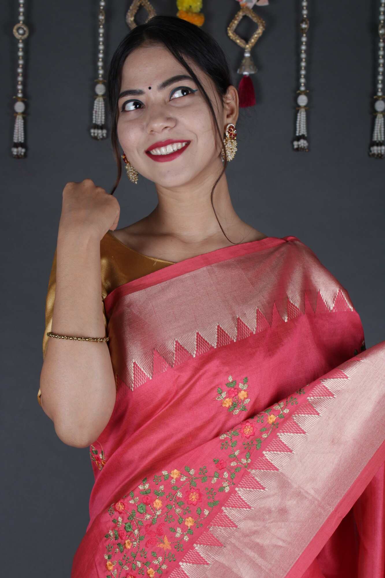 Pink Blush Kerala Kasavu cotton silk with ornate embroidered border wrap in 1 minute saree - Isadora Life Online Shopping Store