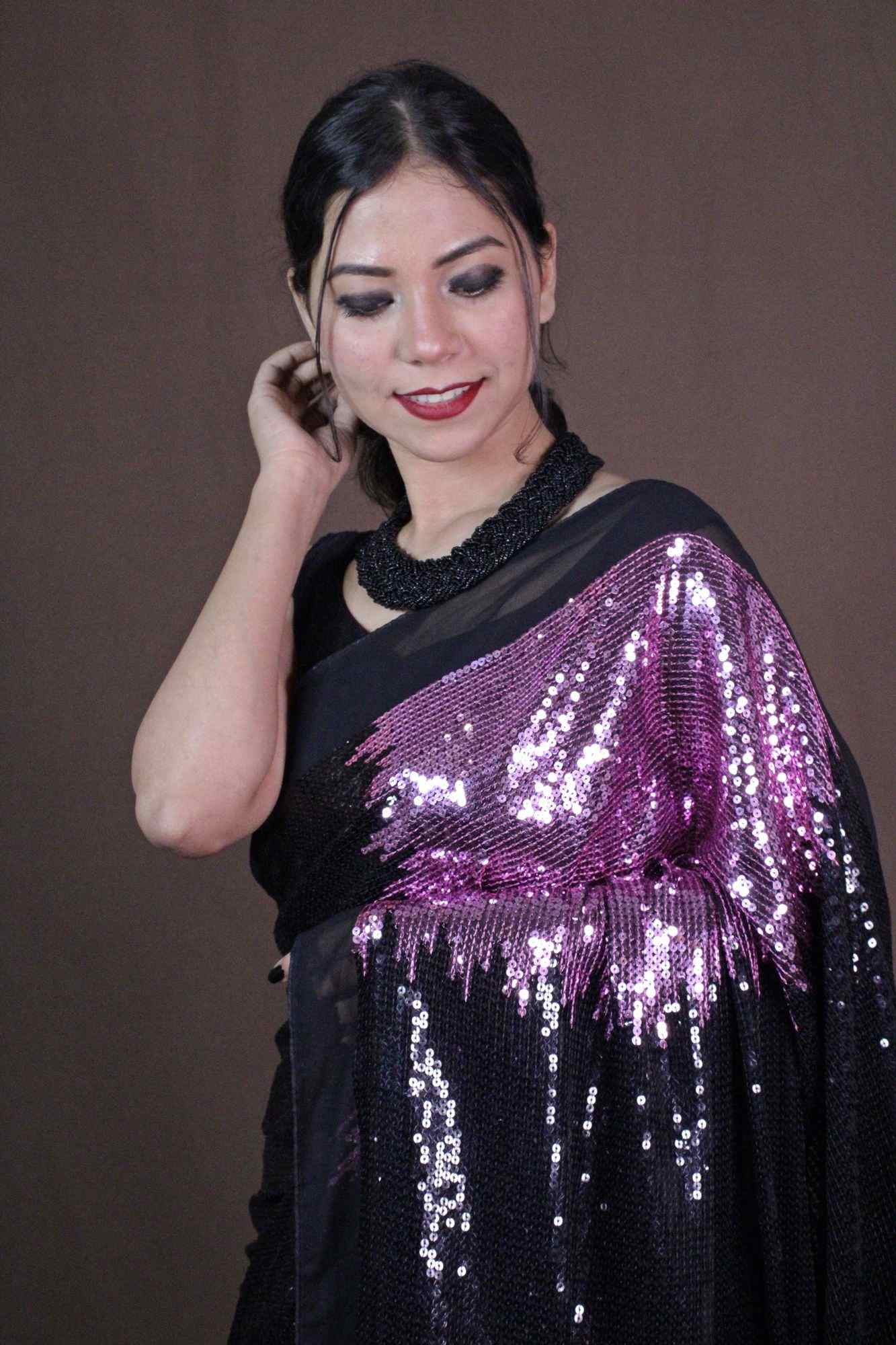 Pink and black sequin embellished wrap in 1 minute saree - Isadora Life Online Shopping Store
