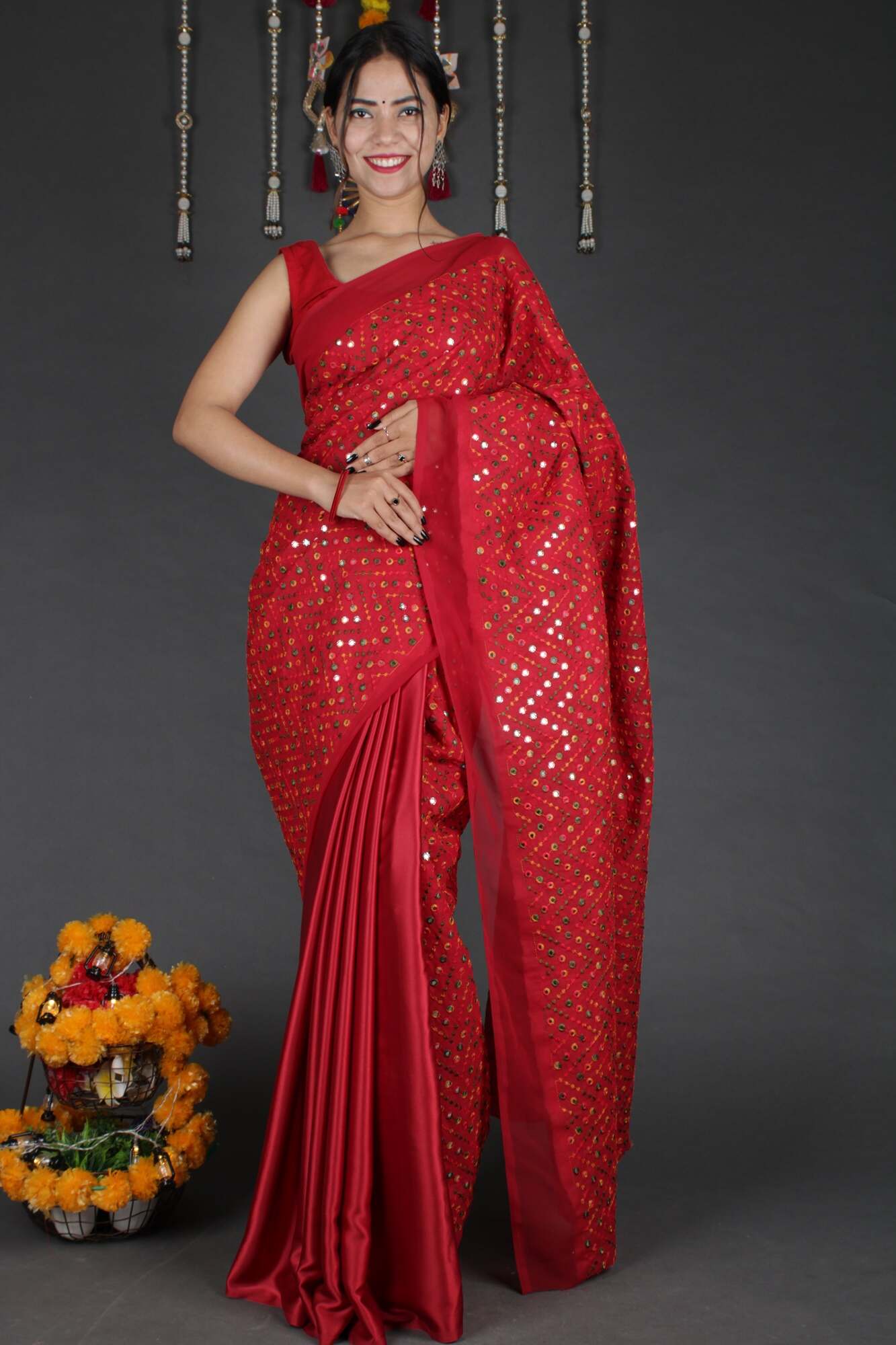 Designer embroidered Mirror Work Half and Half readymade one minute saree with stitched blouse - Isadora Life Online Shopping Store