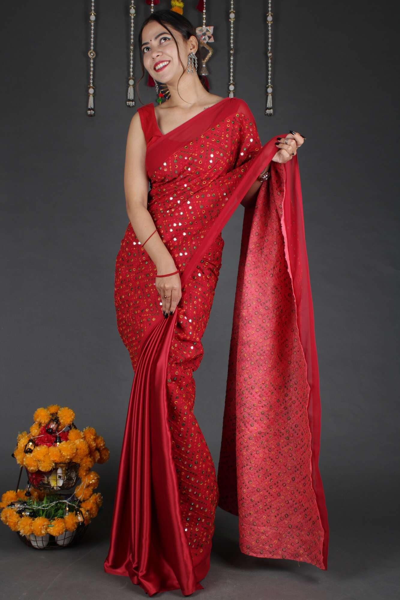 Designer embroidered Mirror Work Half and Half readymade one minute saree with stitched blouse - Isadora Life Online Shopping Store