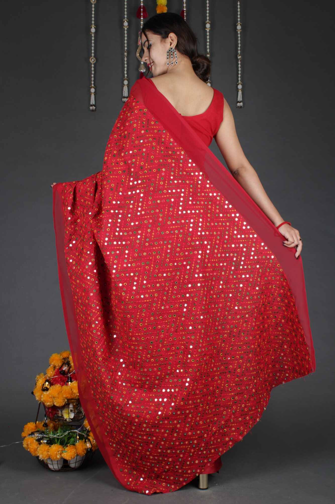 Designer embroidered Mirror Work Half and Half readymade one minute saree with stitched blouse - Isadora Life Online Shopping Store