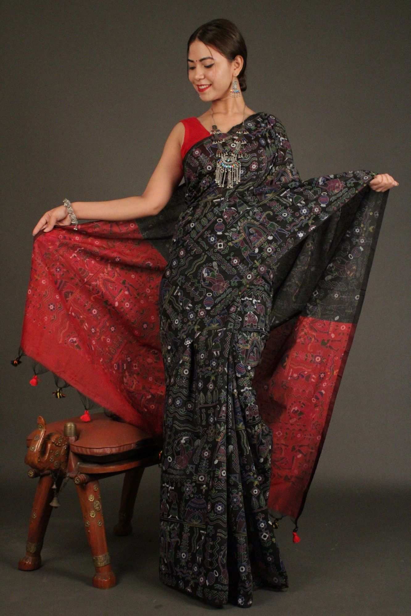 Black-Maroon Cotton Silk Madhubani Print Wrap in 1 minute saree - Isadora Life Online Shopping Store