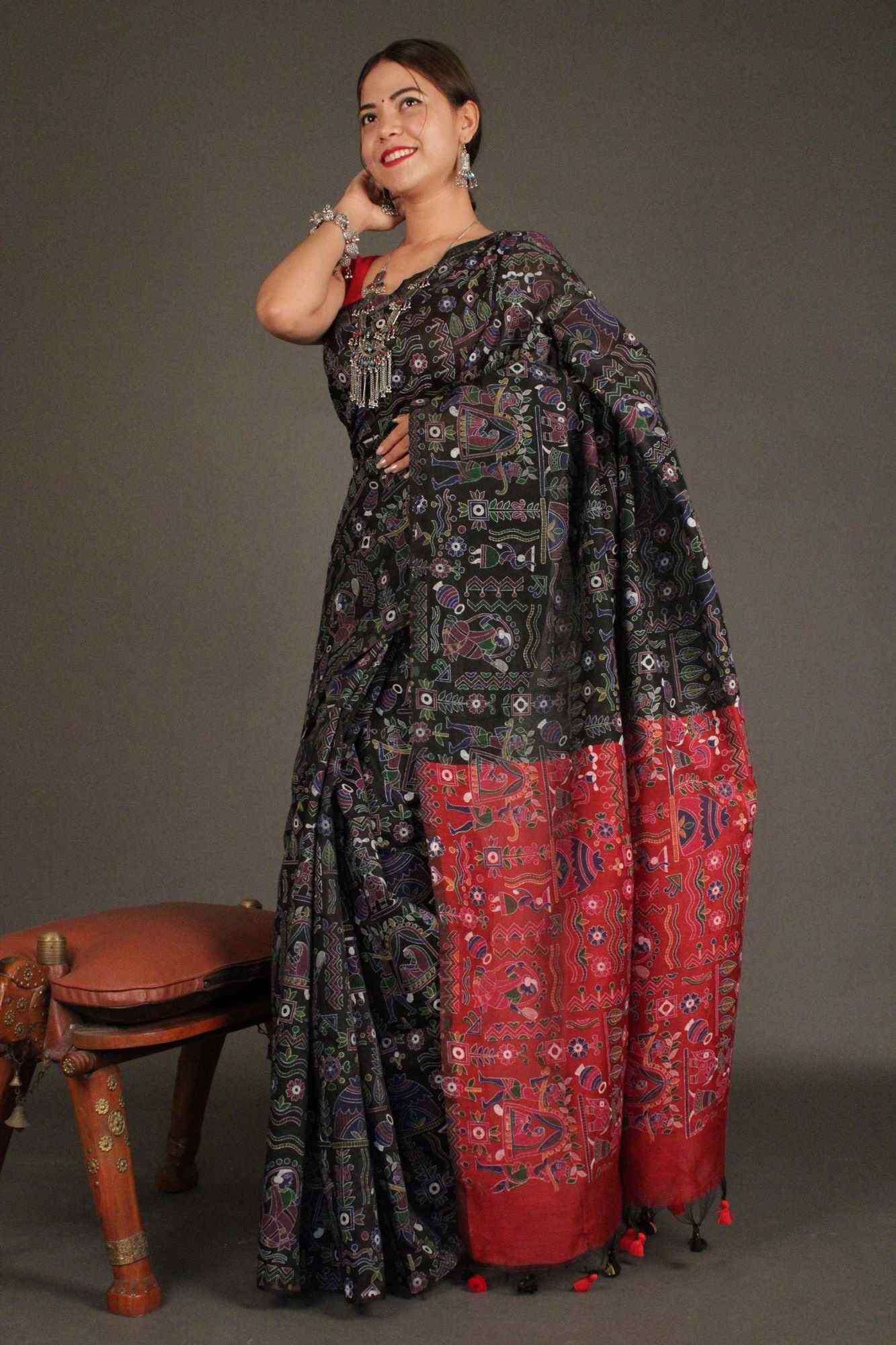 Black-Maroon Cotton Silk Madhubani Print Wrap in 1 minute saree - Isadora Life Online Shopping Store