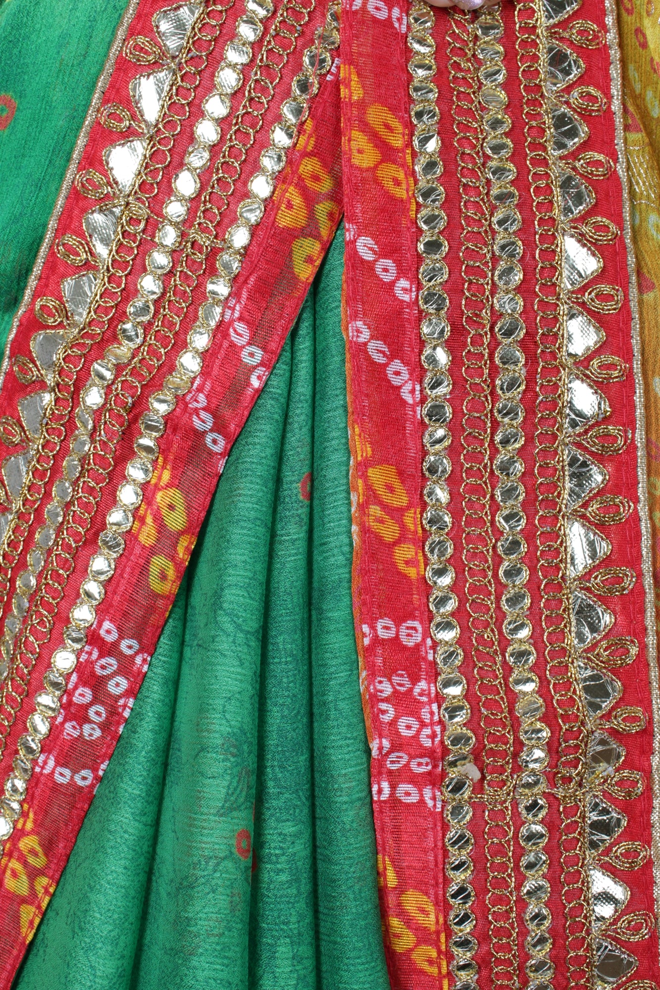 Prepossessing Green Bandhej With Gota Patti Border Wrap In One Minute Saree With Readymade Blouse - Isadora Life Online Shopping Store