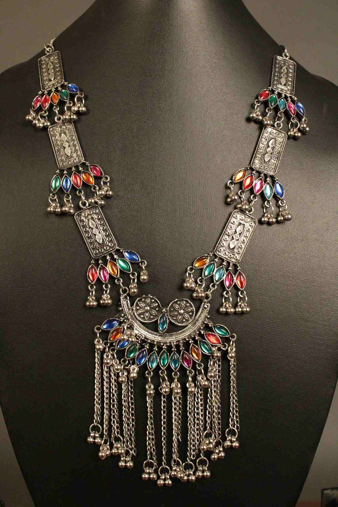 Toned & Red Oxidised Stone Studded Tasselled Tribal Jewellery Set - Isadora Life Online Shopping Store