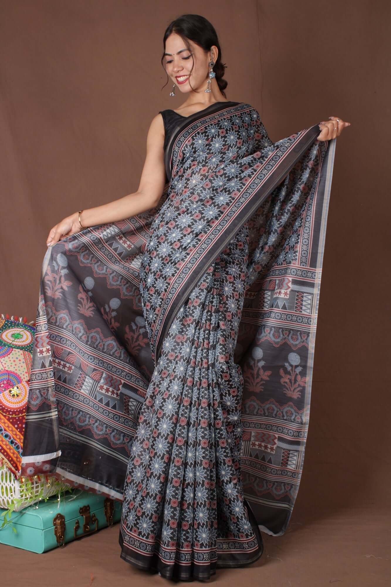 Exquisite Black & Grey Printed Beautiful Pallu Wrap in 1 Minute Drape Saree With Readymade Blouse - Isadora Life Online Shopping Store
