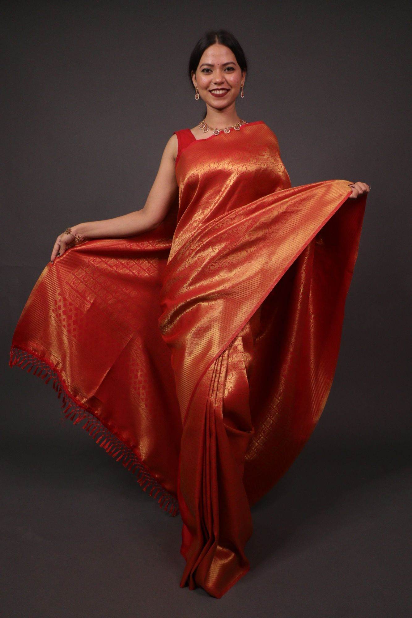 Tomato Red dhoop chaanv kanchipuram silk blend with pattu border wrap in 1 minute - Isadora Life Online Shopping Store