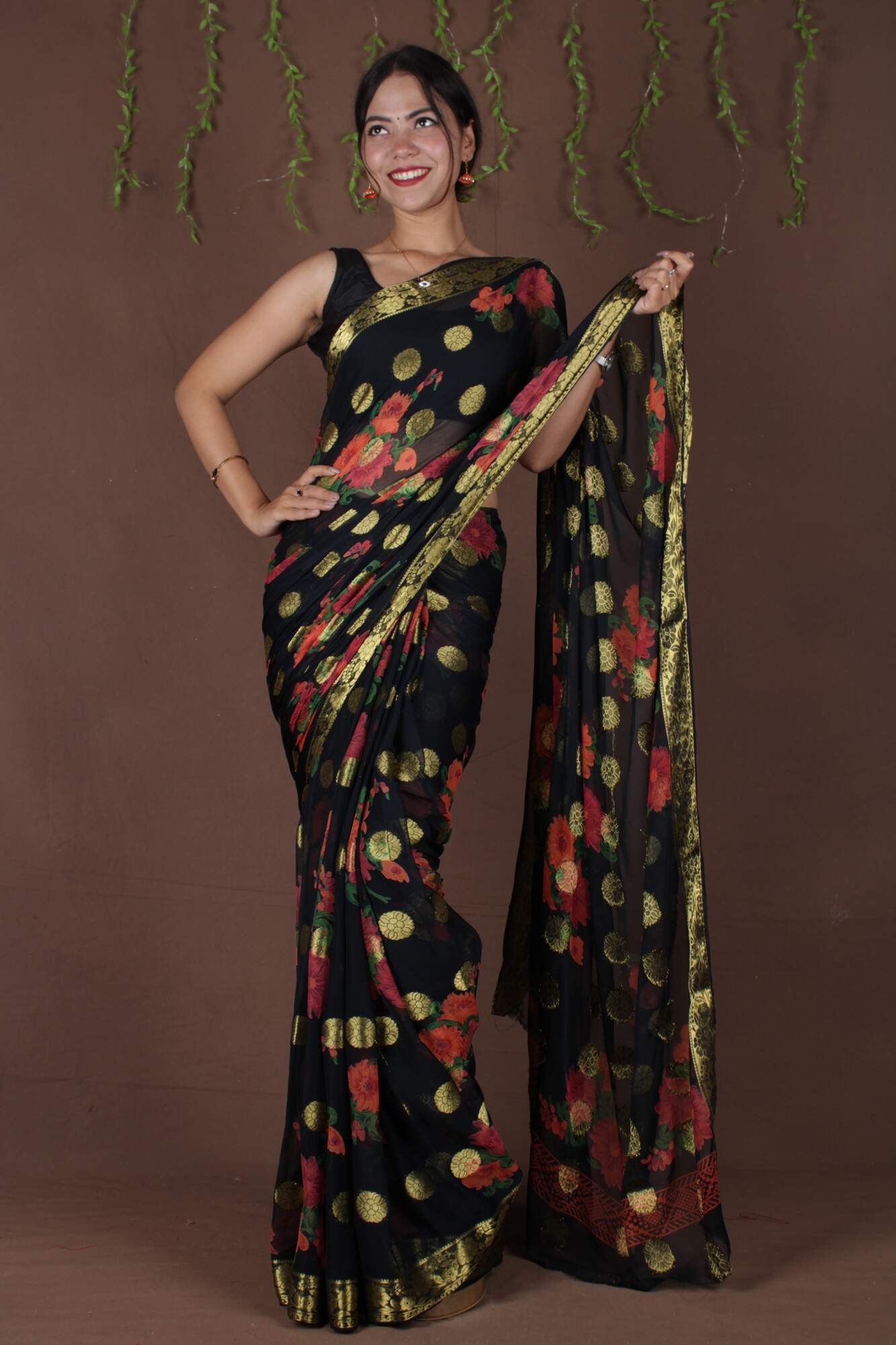 Beautiful Black Floral painted chiffon with Boota all over one minute ready made saree and readymade blouse - Isadora Life Online Shopping Store