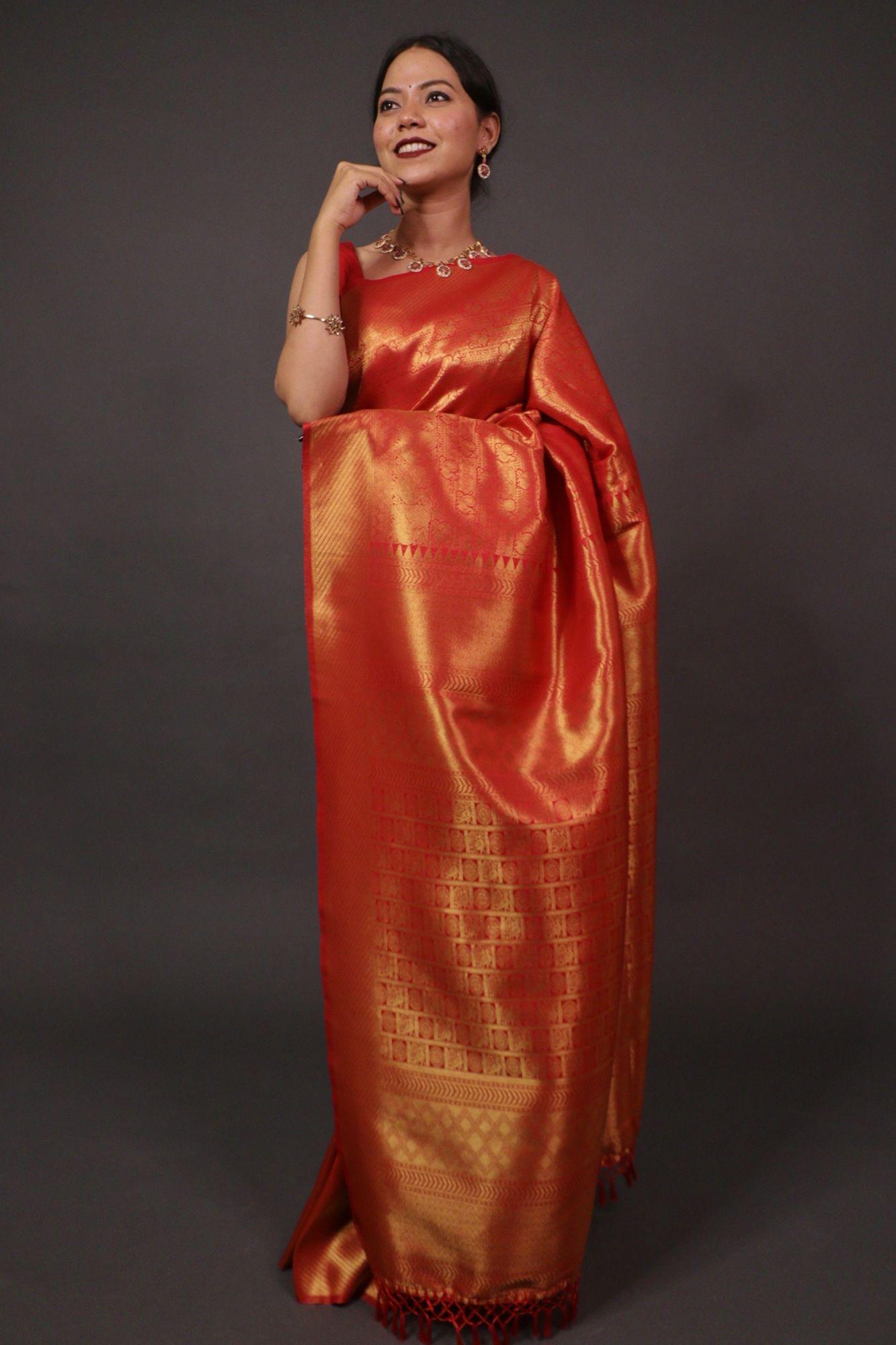 Tomato Red dhoop chaanv kanchipuram silk blend with pattu border wrap in 1 minute - Isadora Life Online Shopping Store