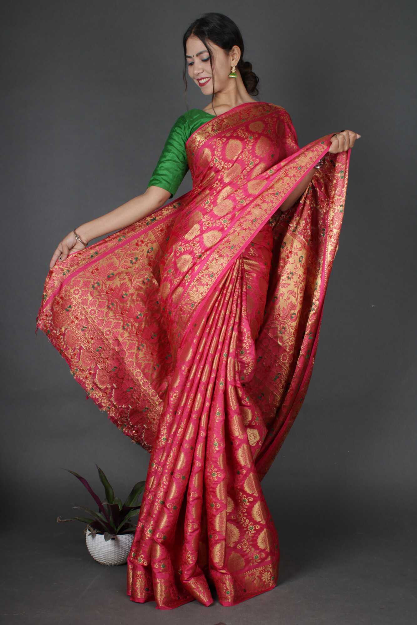 kanjivaram Zari Interweaving Coral Pink Art Silk Wrap in 1 minute Saree with Readymade Blouse - Isadora Life Online Shopping Store