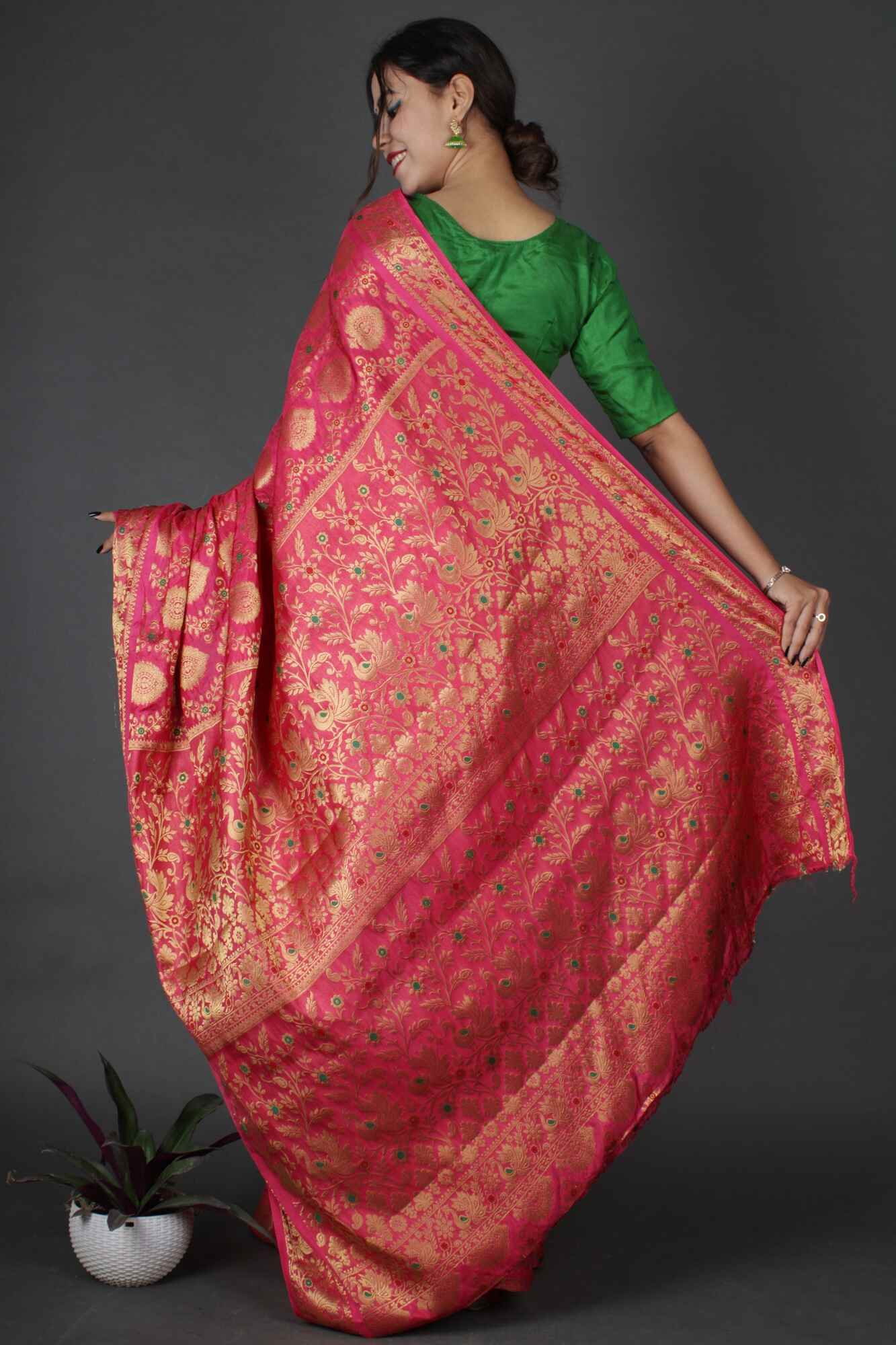 kanjivaram Zari Interweaving Coral Pink Art Silk Wrap in 1 minute Saree with Readymade Blouse - Isadora Life Online Shopping Store