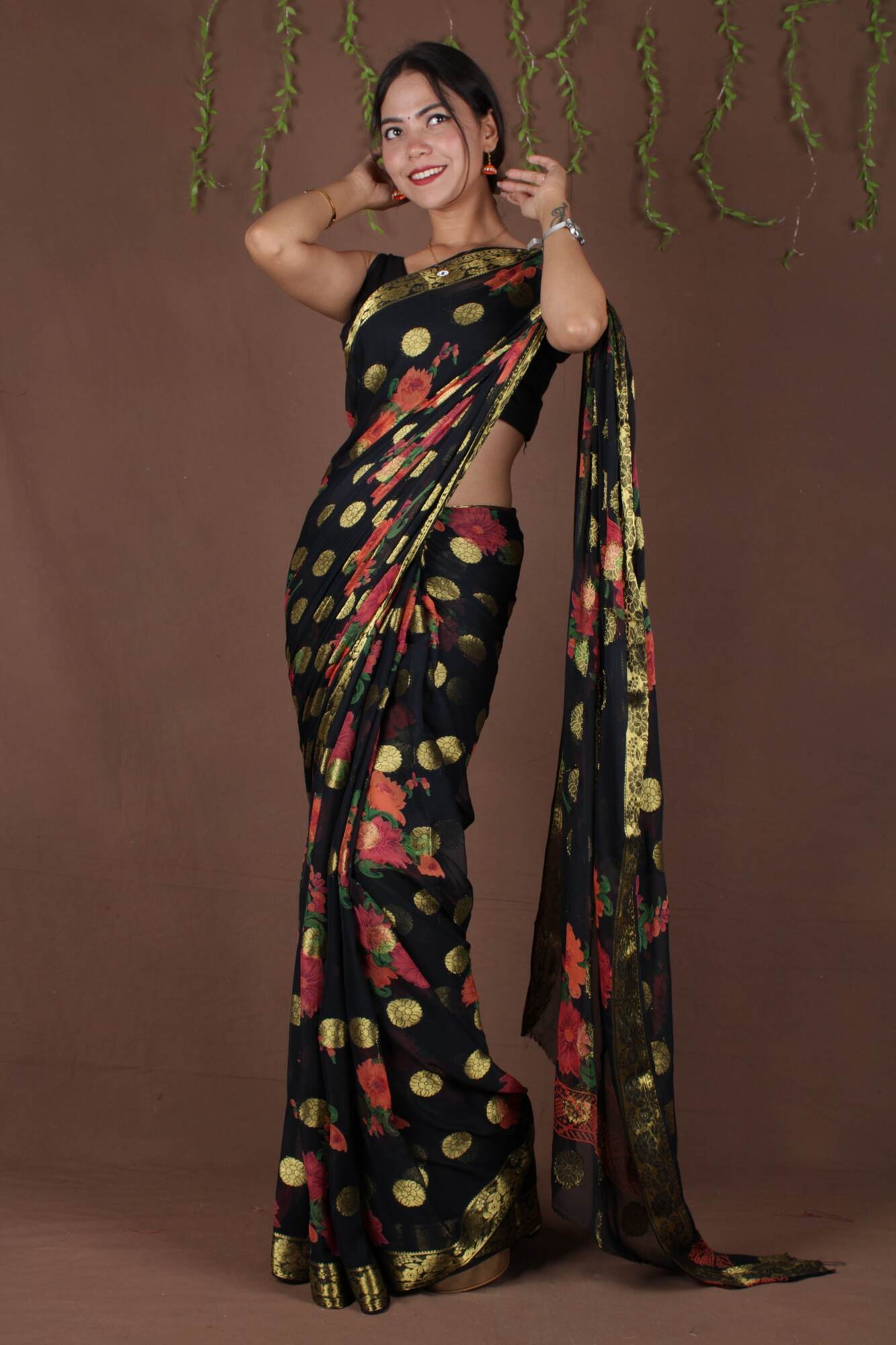Beautiful Black Floral painted chiffon with Boota all over one minute ready made saree and readymade blouse - Isadora Life Online Shopping Store