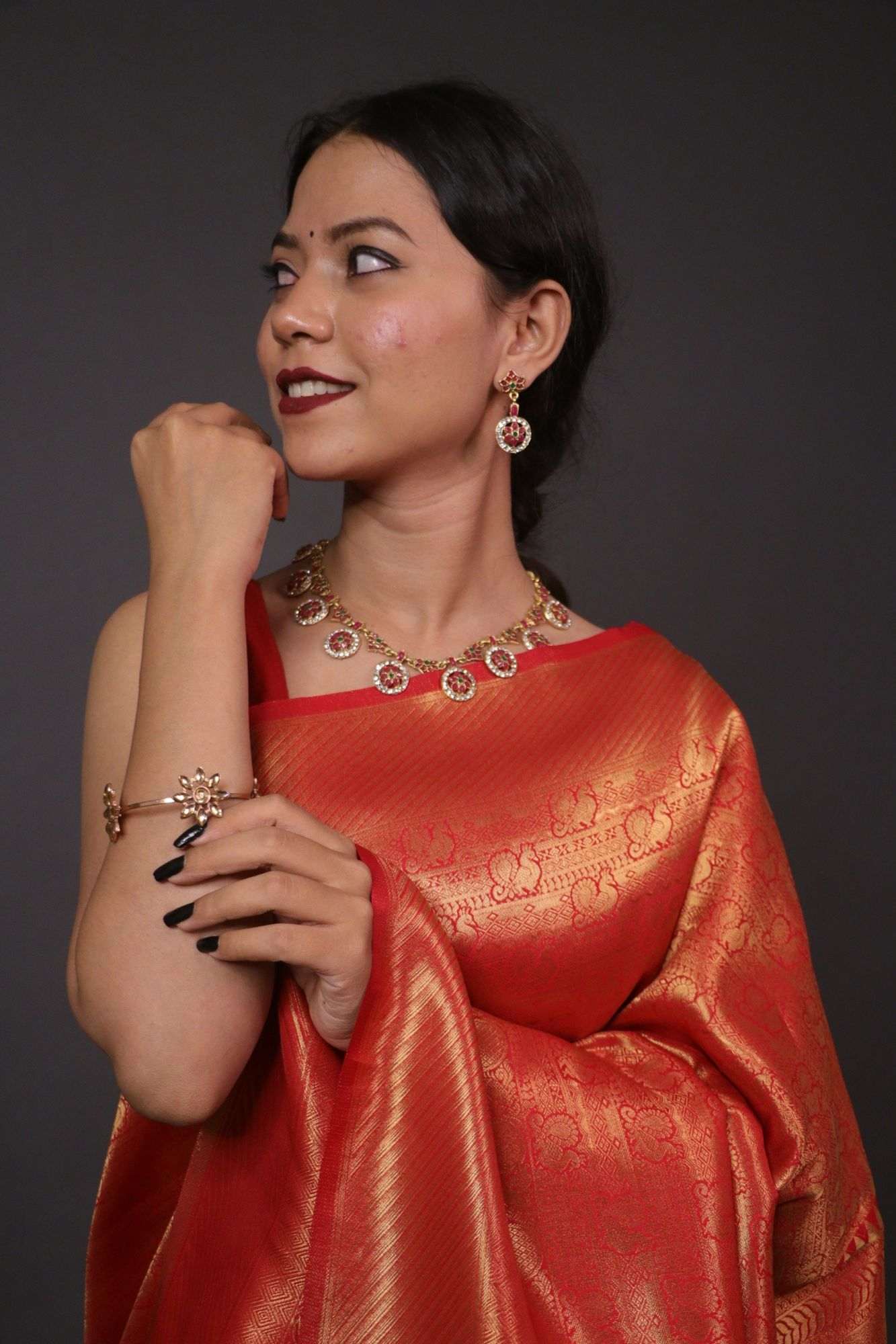 Tomato Red dhoop chaanv kanchipuram silk blend with pattu border wrap in 1 minute - Isadora Life Online Shopping Store