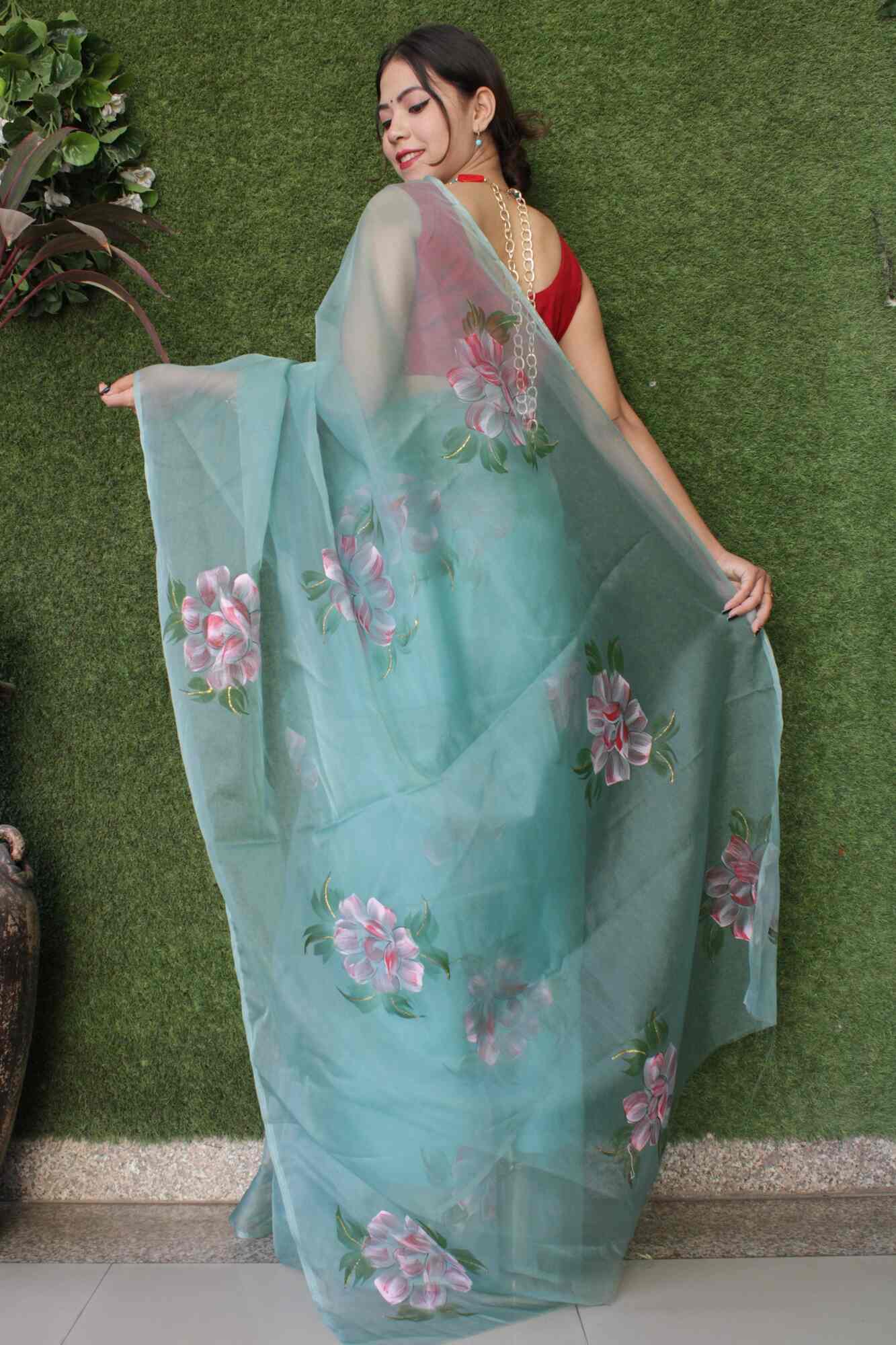 Beautiful hand painted organza with moti lace wrap in 1 minute saree - Isadora Life Online Shopping Store