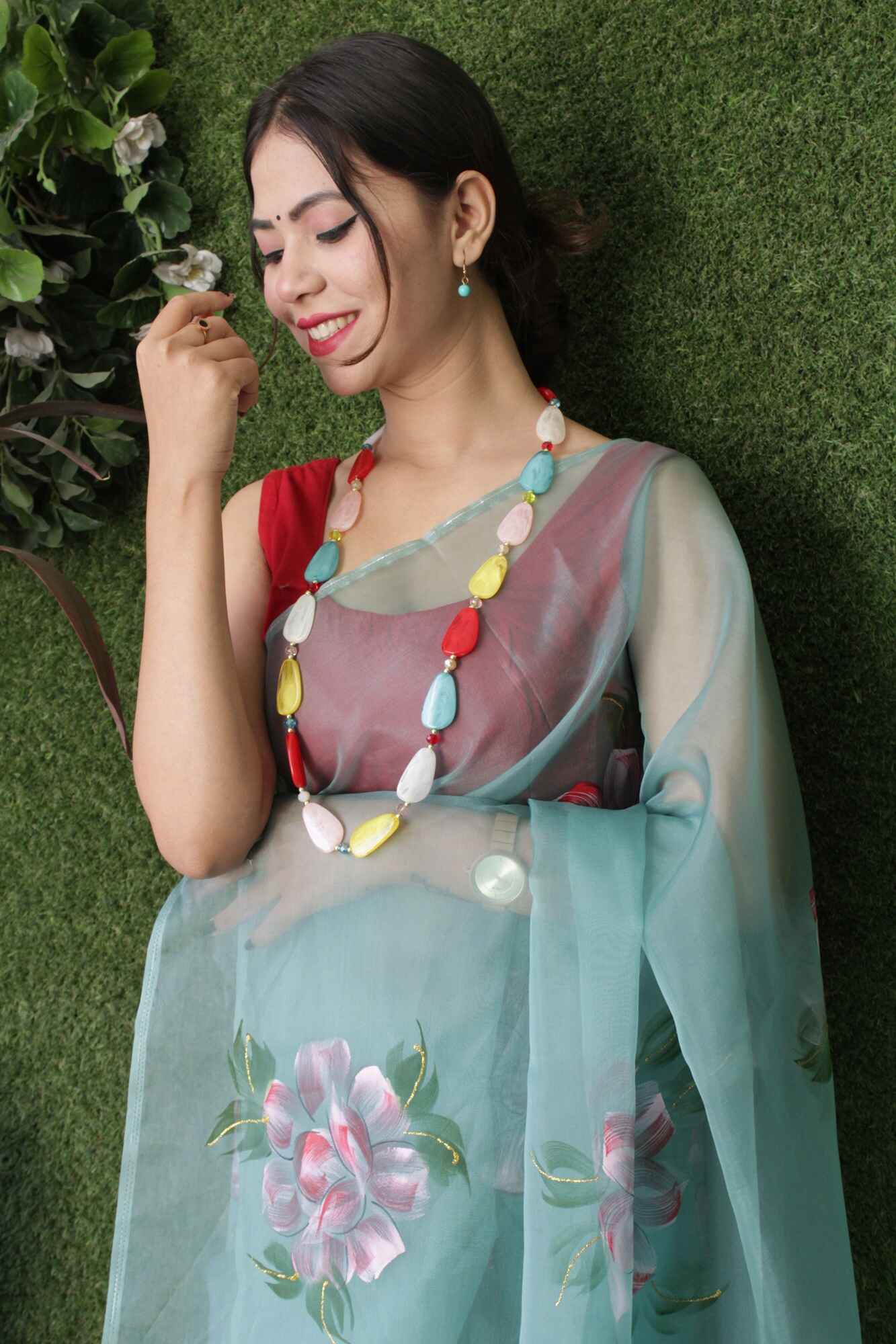 Beautiful hand painted organza with moti lace wrap in 1 minute saree - Isadora Life Online Shopping Store