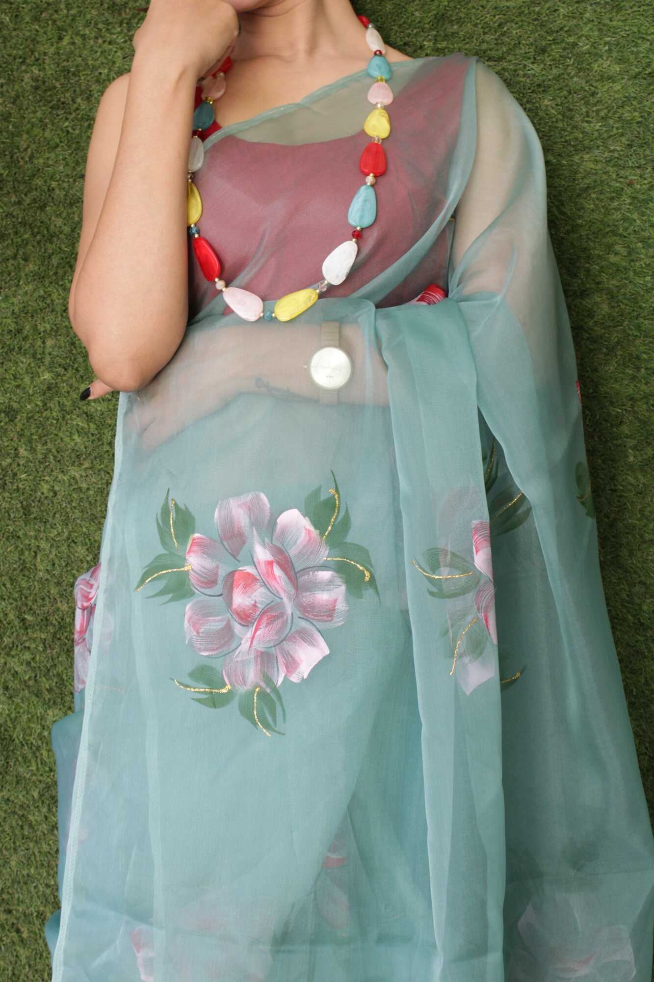 Beautiful hand painted organza with moti lace wrap in 1 minute saree - Isadora Life Online Shopping Store