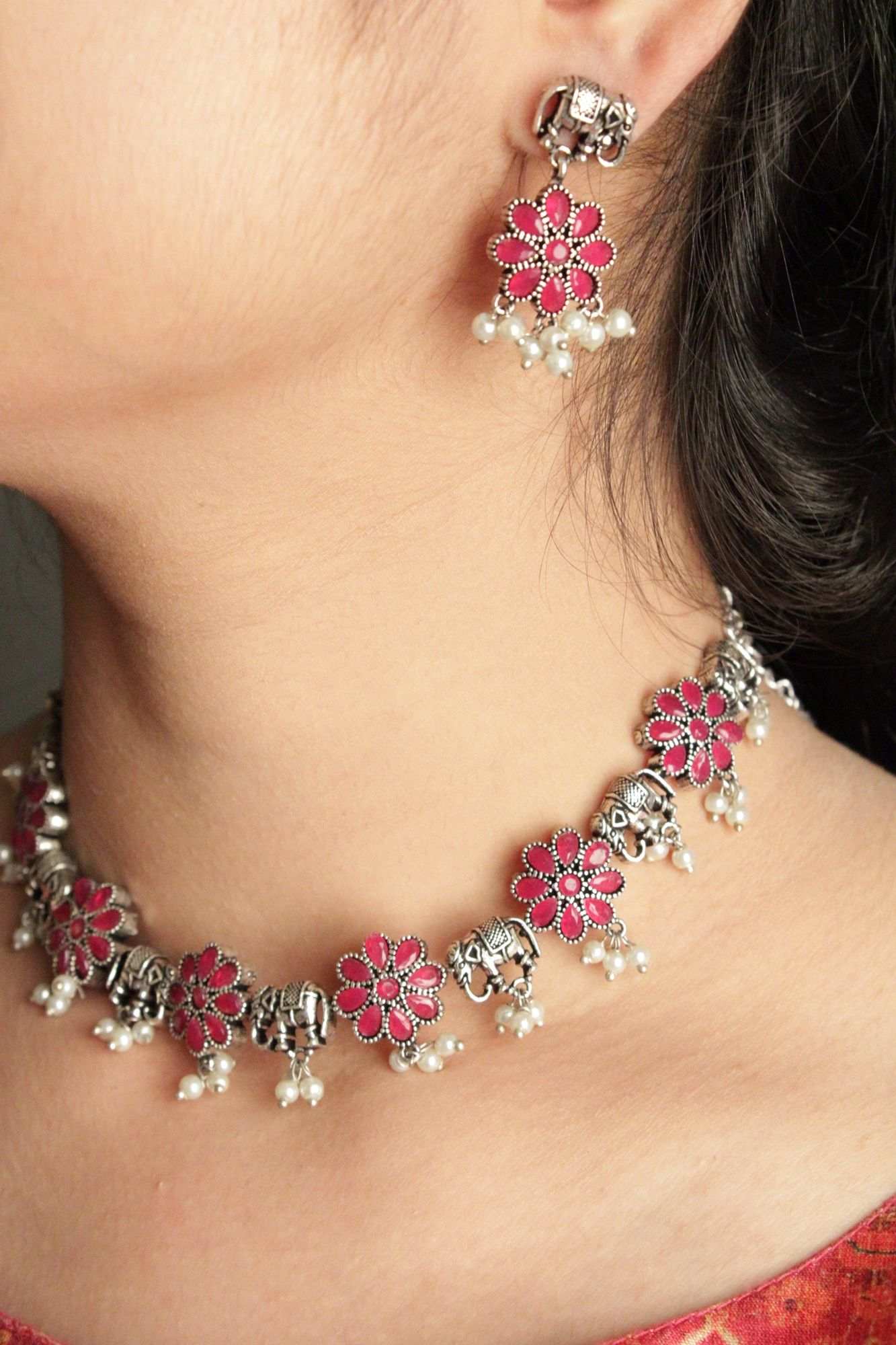 Oxidised Silver-Plated Pink & White Stone-Studded & Beaded Handcrafted Jewellery Set - Isadora Life Online Shopping Store