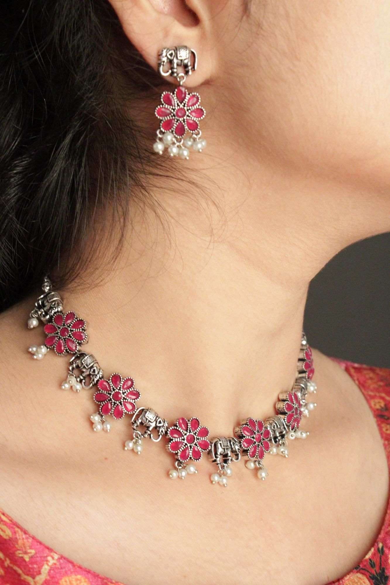Oxidised Silver-Plated Pink & White Stone-Studded & Beaded Handcrafted Jewellery Set - Isadora Life Online Shopping Store