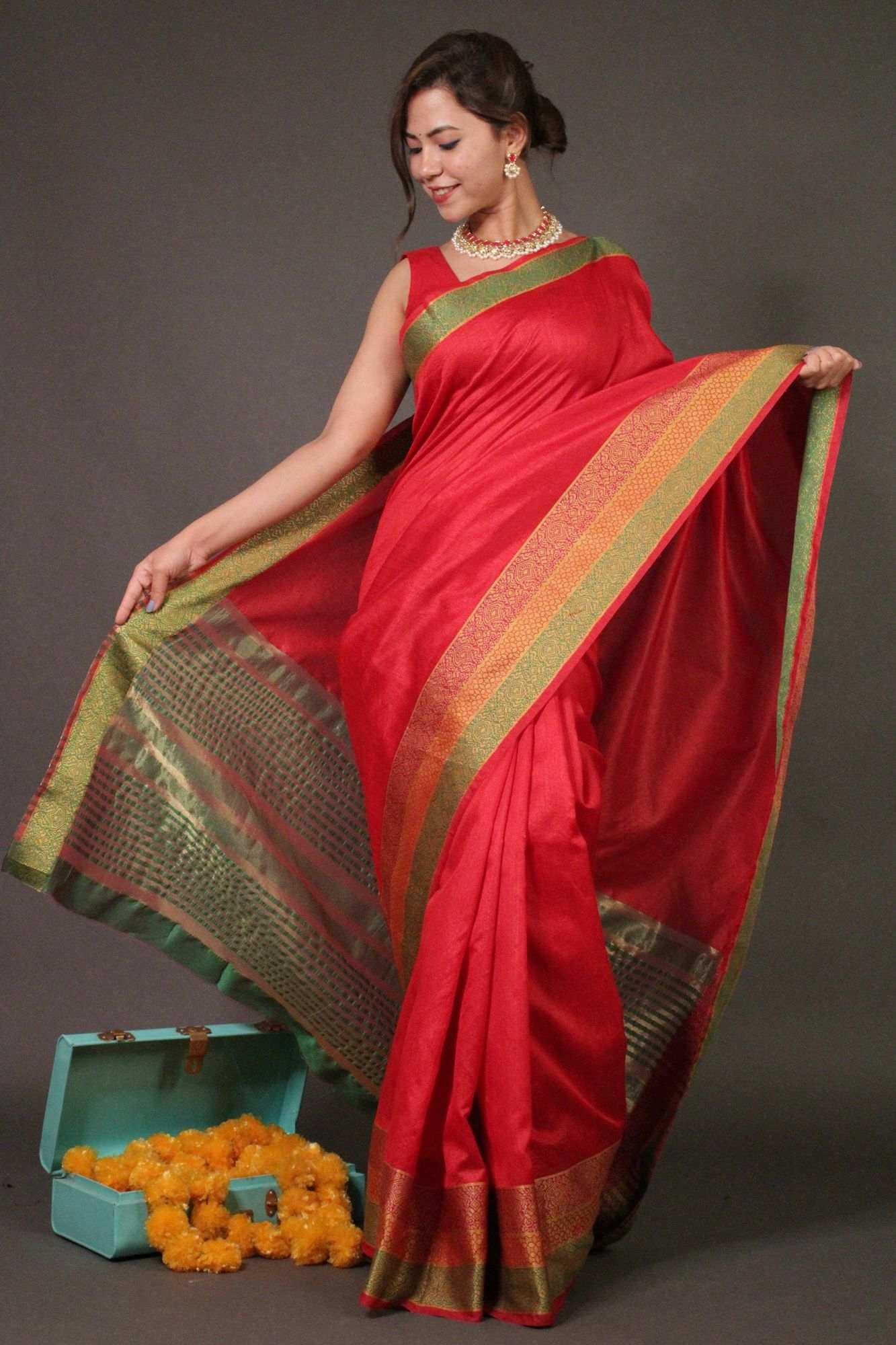Red Kota Doria Cotton Manipuri Wrap in 1 minute Saree - Isadora Life Online Shopping Store
