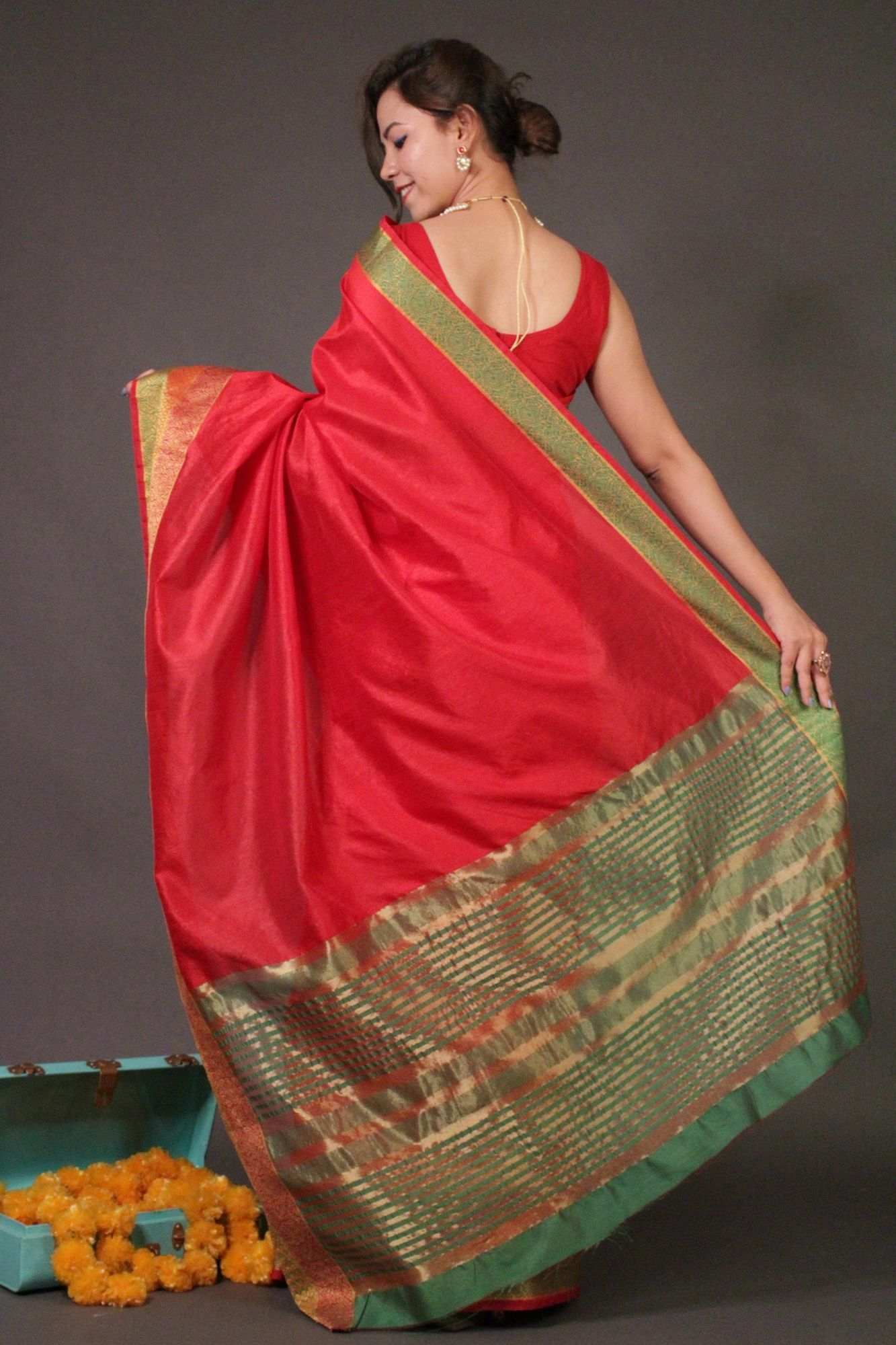 Red Kota Doria Cotton Manipuri Wrap in 1 minute Saree - Isadora Life Online Shopping Store