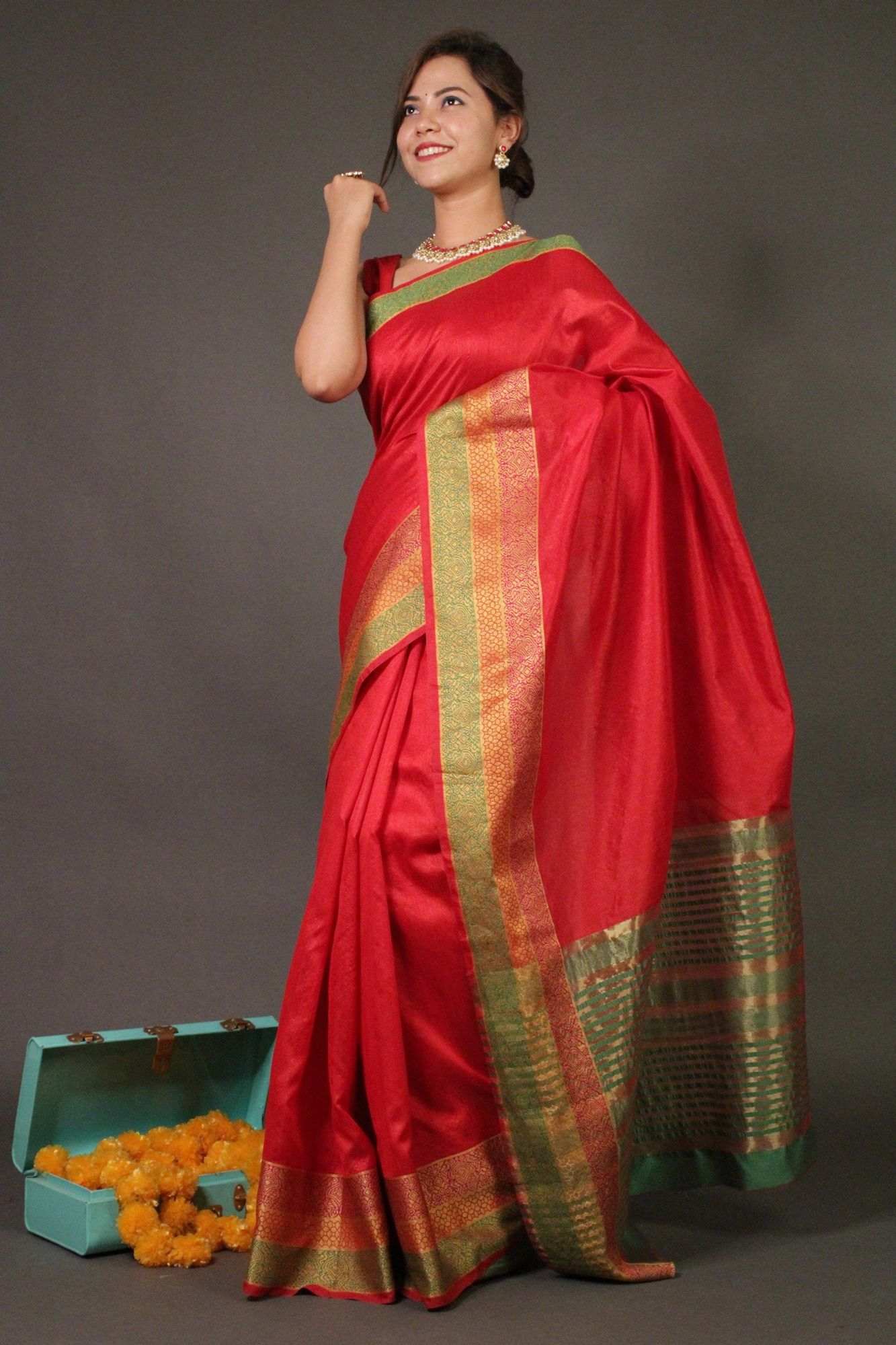 Red Kota Doria Cotton Manipuri Wrap in 1 minute Saree - Isadora Life Online Shopping Store