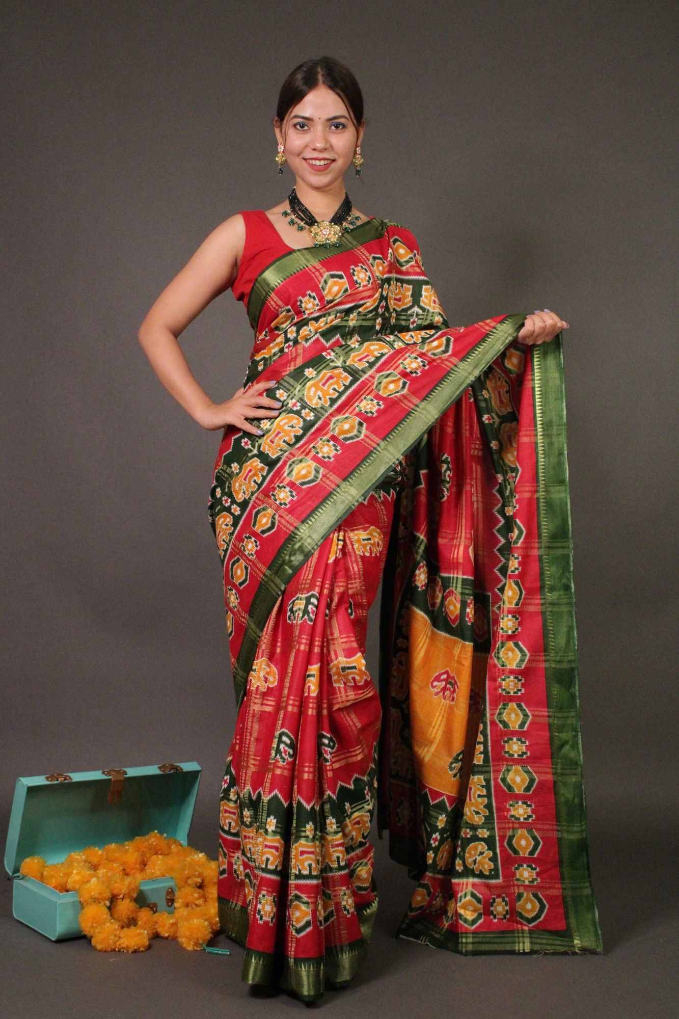 Red Cotton Patola Banarasi pattern festive rich look Wrap in 1 minute saree - Isadora Life Online Shopping Store