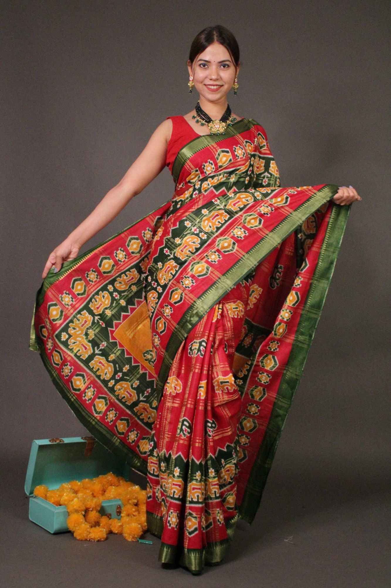 Red Cotton Patola Banarasi pattern festive rich look Wrap in 1 minute saree - Isadora Life Online Shopping Store