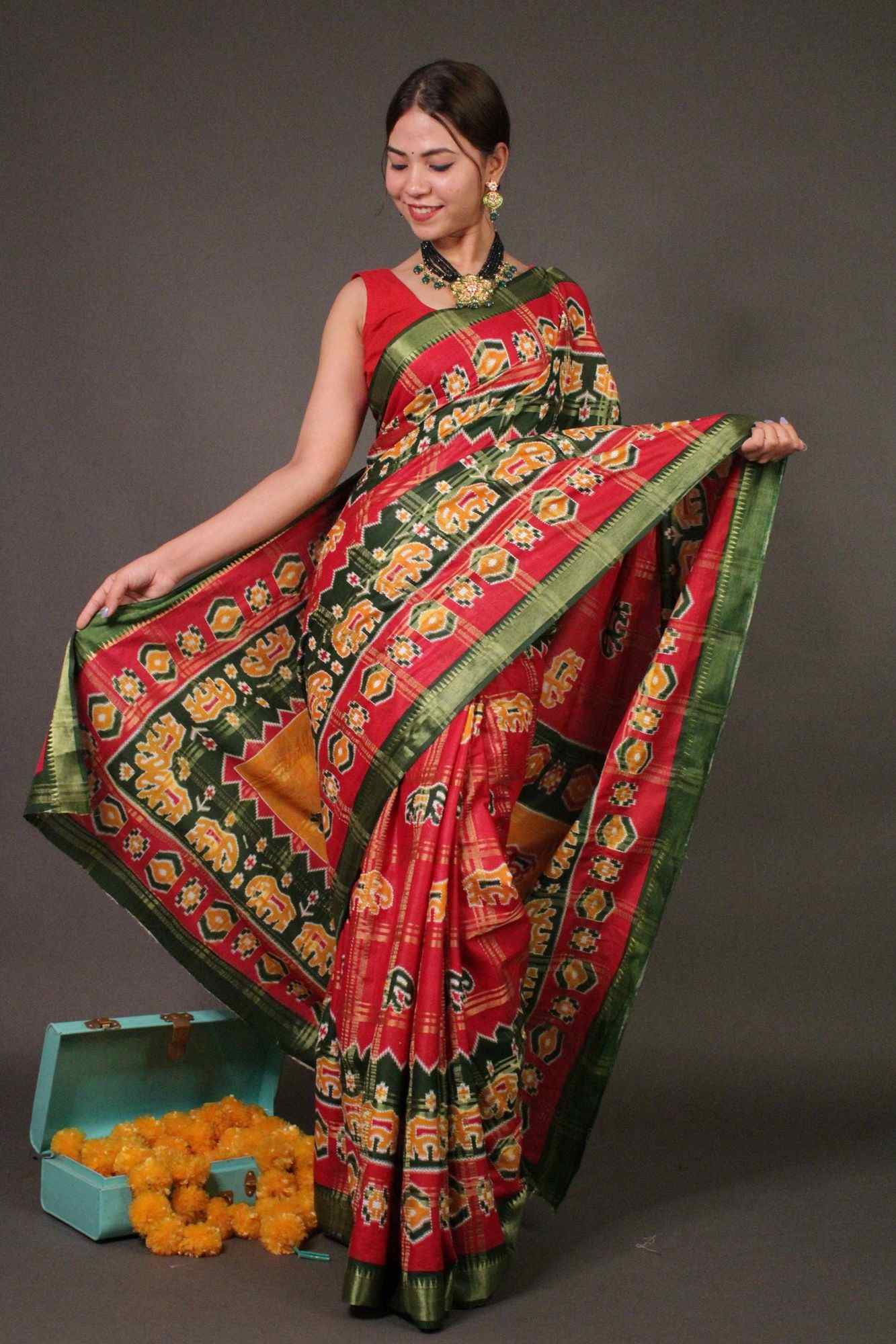 Red Cotton Patola Banarasi pattern festive rich look Wrap in 1 minute saree - Isadora Life Online Shopping Store