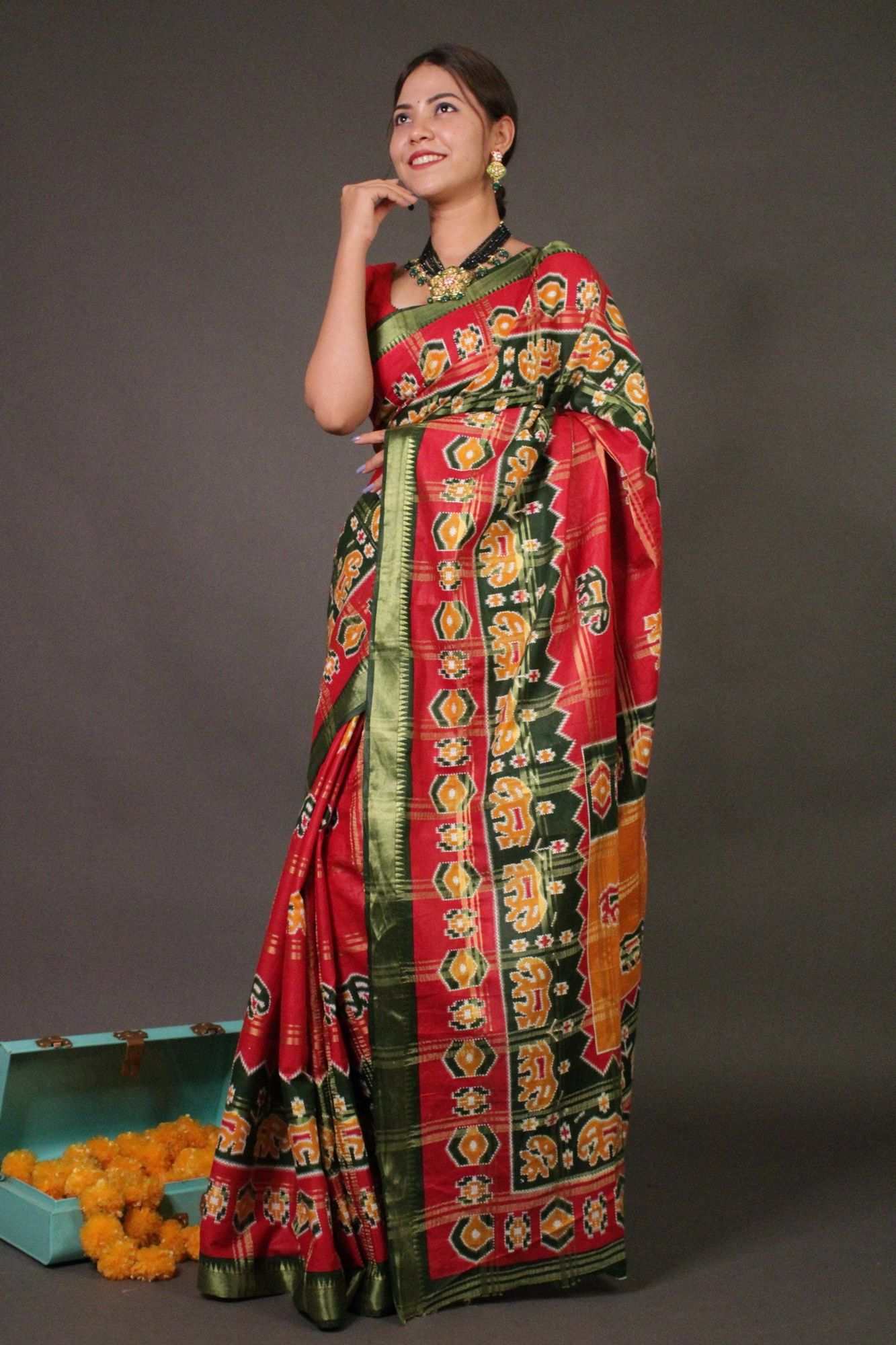 Red Cotton Patola Banarasi pattern festive rich look Wrap in 1 minute saree - Isadora Life Online Shopping Store