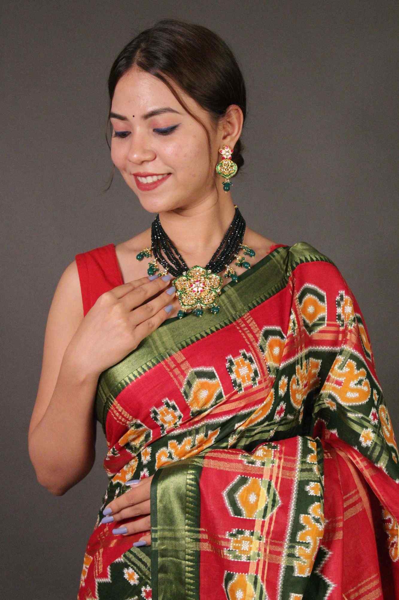 Red Cotton Patola Banarasi pattern festive rich look Wrap in 1 minute saree - Isadora Life Online Shopping Store