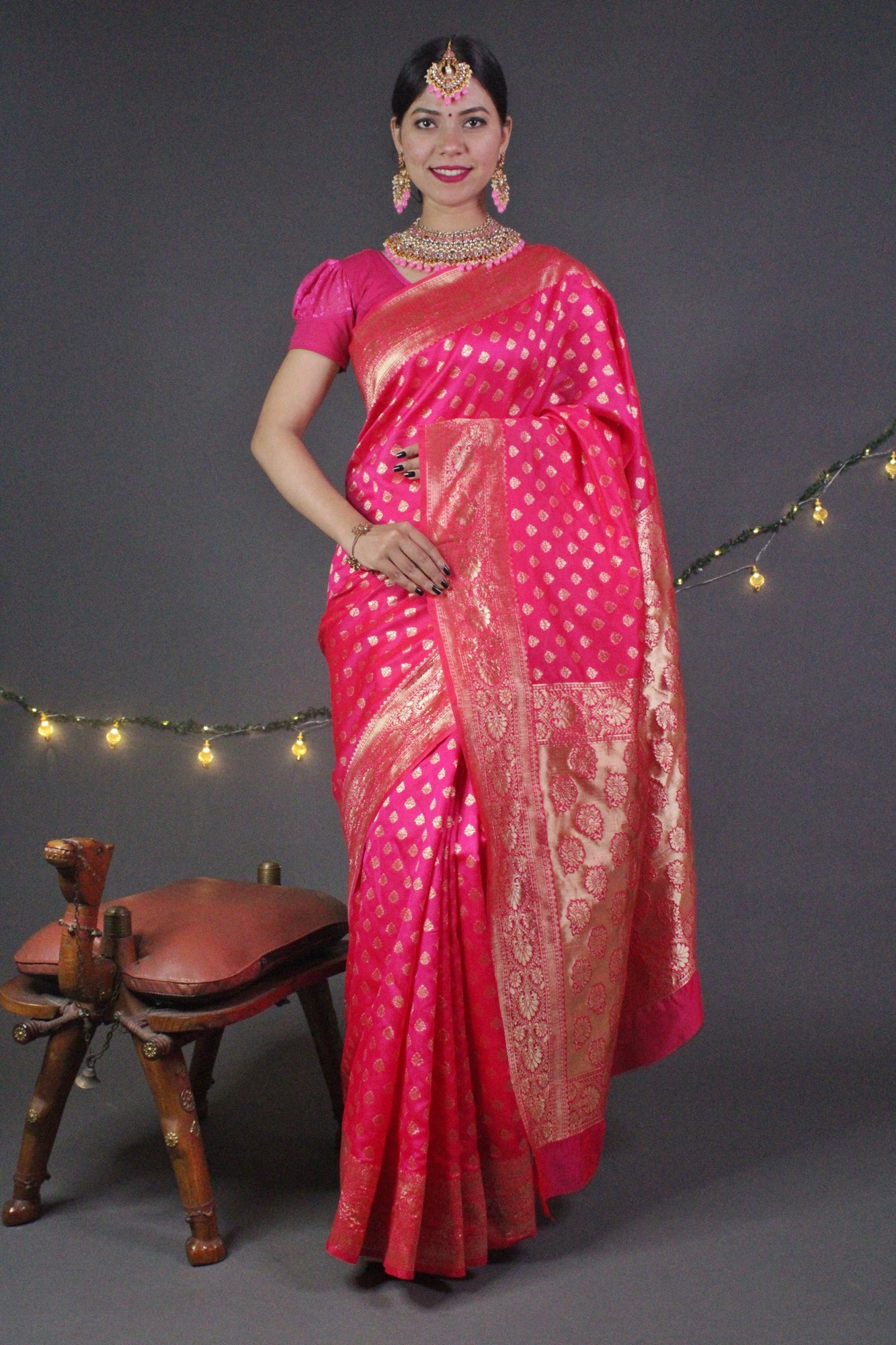 Royal Pink Banarasi Silk Wrap in 1 minute Saree. - Isadora Life Online Shopping Store
