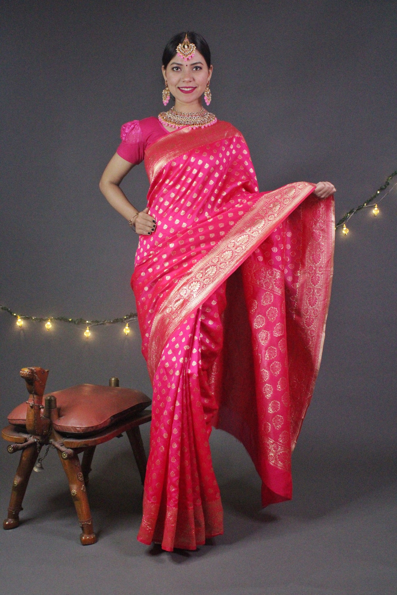 Royal Pink Banarasi Silk Wrap in 1 minute Saree. - Isadora Life Online Shopping Store