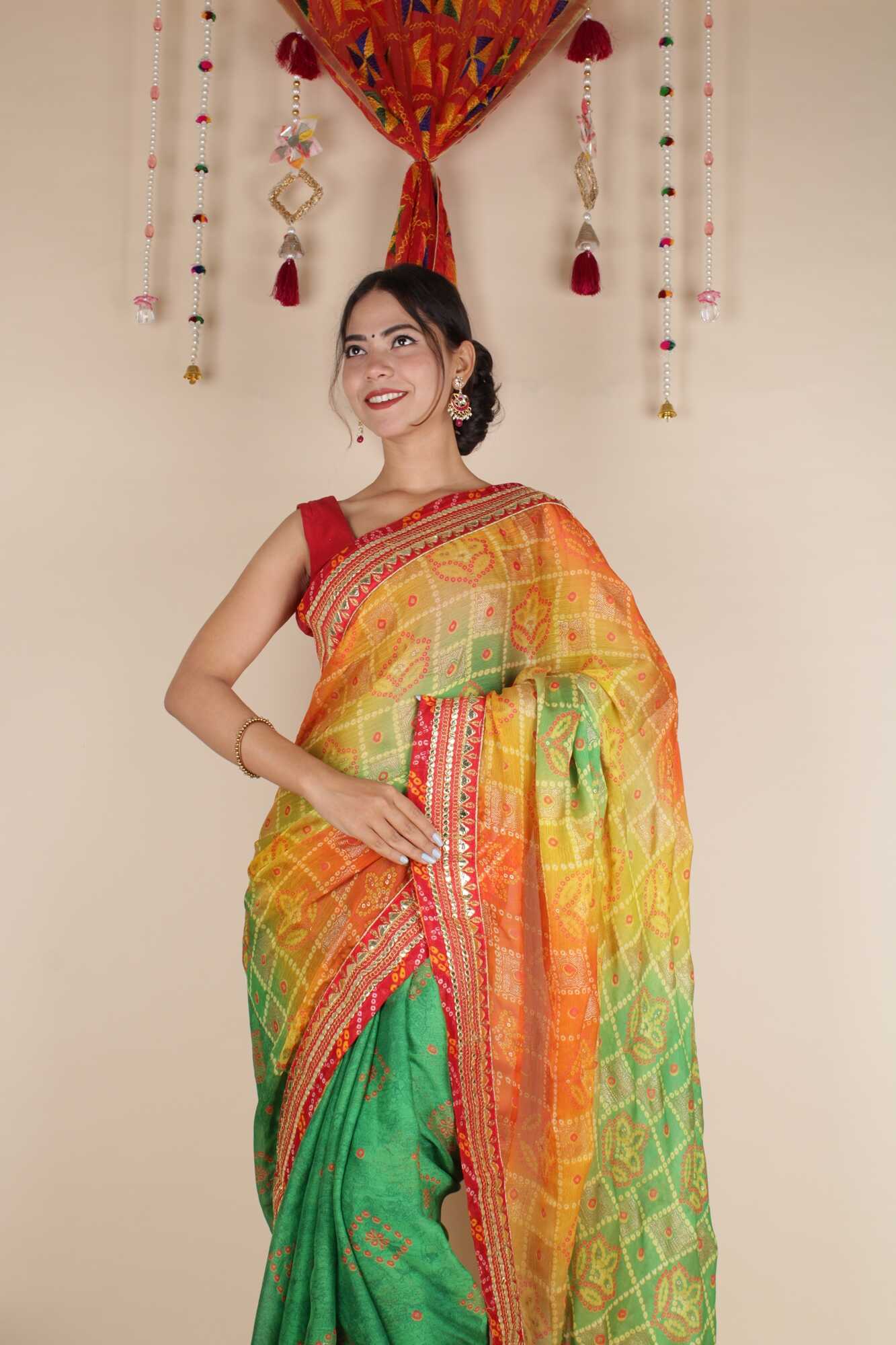 Prepossessing Green Bandhej With Gota Patti Border Wrap In One Minute Saree With Readymade Blouse - Isadora Life Online Shopping Store