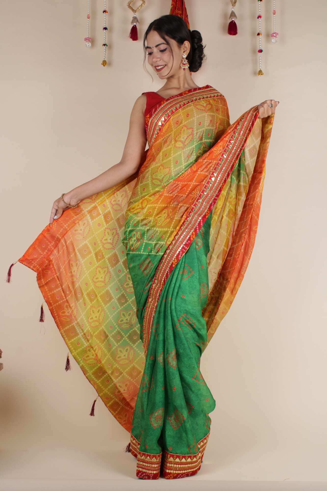 Prepossessing Green Bandhej With Gota Patti Border Wrap In One Minute Saree With Readymade Blouse - Isadora Life Online Shopping Store