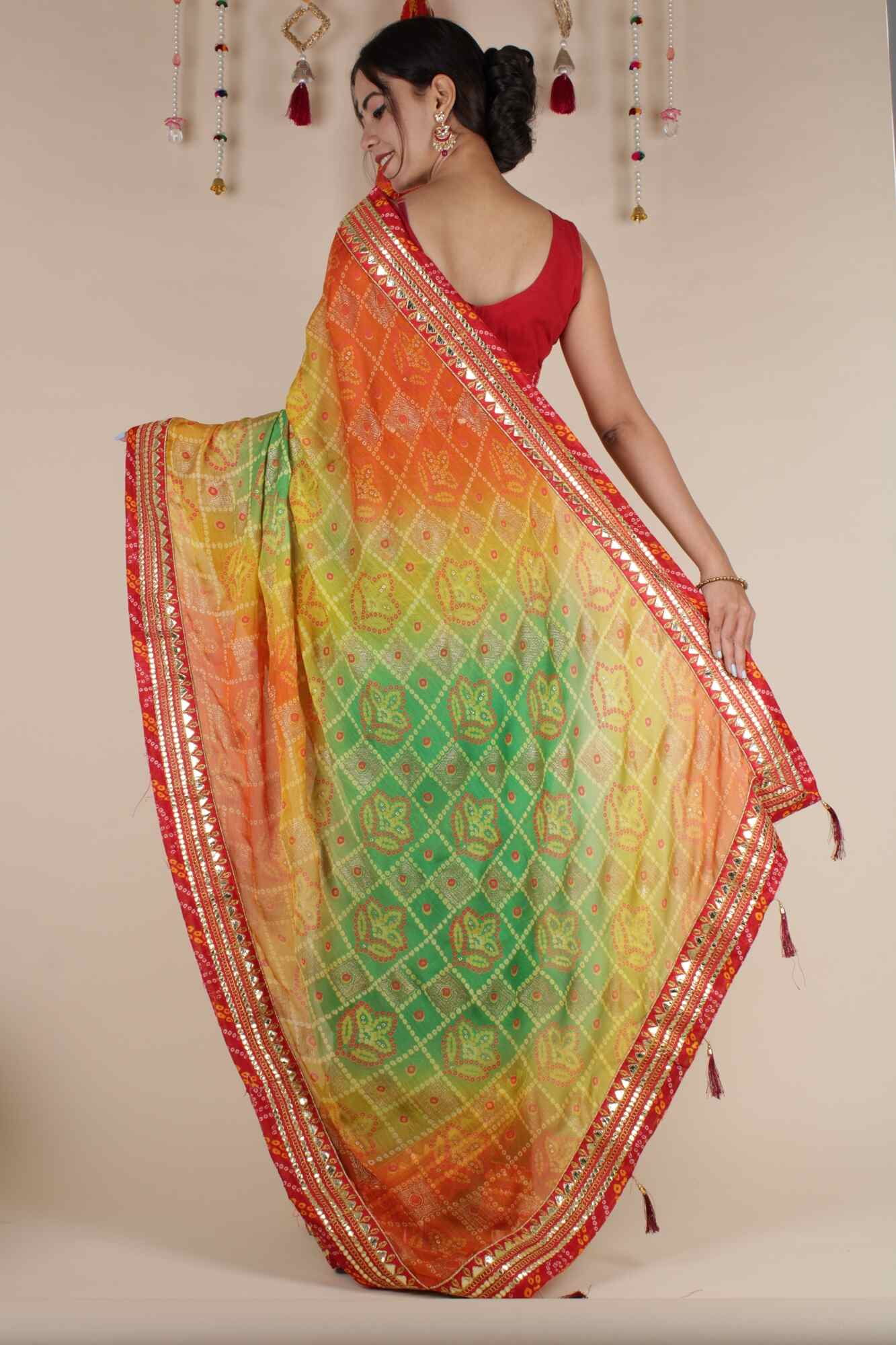 Prepossessing Green Bandhej With Gota Patti Border Wrap In One Minute Saree With Readymade Blouse - Isadora Life Online Shopping Store